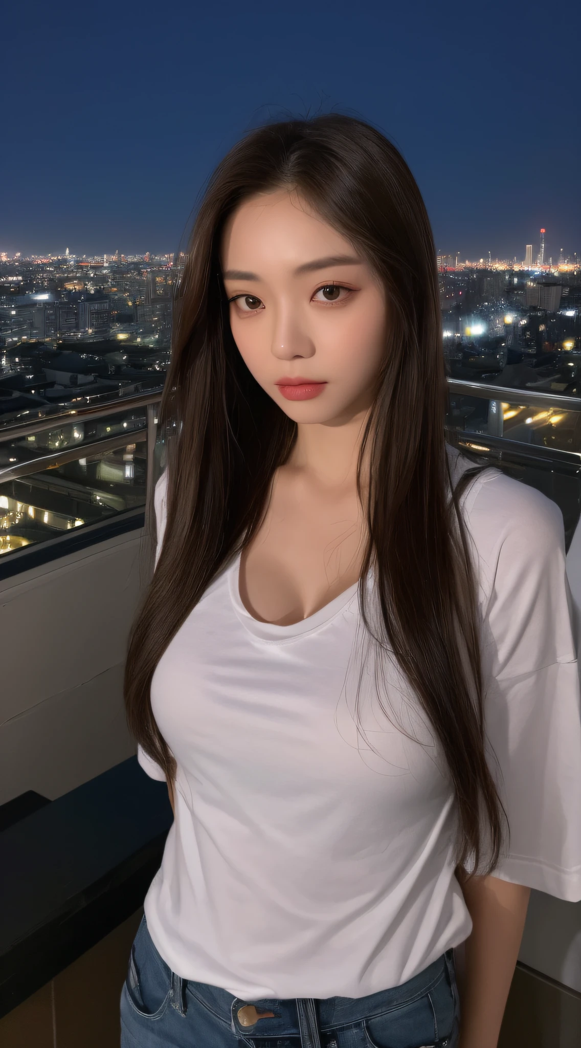 ((Midnight, Best quality, 8k, Masterpiece :1.3)), Whole body, Long legs, Sharp focus :1.2, A pretty woman with perfect figure :1.4, Slender abs :1.1, ((Dark brown hair, Big breasts :1.2)), (White tight tshirt, Jean bib, Standing:1.2), ((Night city view, Rooftop:1.3)), Highly detailed face and skin texture, Detailed eyes, Double eyelid