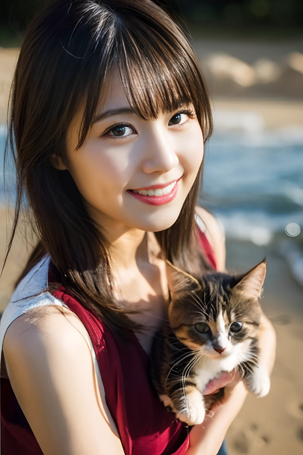 Japan mature woman.Nice round face、Pretty cheerful smile、、Gently hold the kitten on the chest、Kitten sitting on your lap、Open chest clothing without shoulder straps、Cargo pants、Shiny brown hair、huge-breasted、Attractive dynamic sexy pose sitting on seaside sandy beach、Whole human body、Look at viewers、Sun'rays、Cinematic Light、depth of fields、top-quality、
