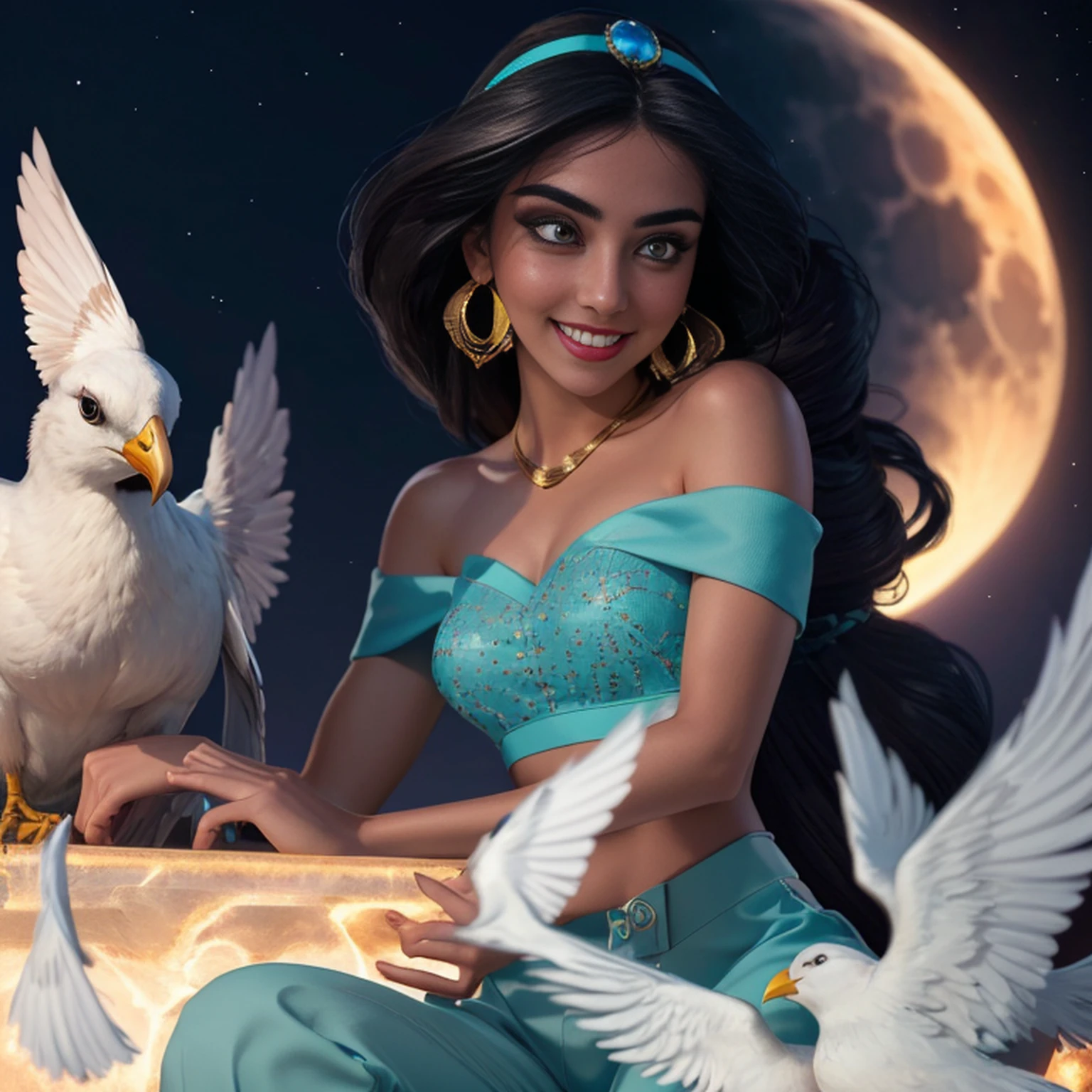 jasmine 1girl, solo, looking at viewer, smile, shirt, bare shoulders, jewelry, sitting, full body, flower, earrings, pants, off shoulder, crop top, makeup, bird, border, moon, full moon, off-shoulder shirt (realistic:1.2), (realism), (masterpiece:1.2), (best quality), (ultra detailed), (8k, 4k, intricate),(full-body-shot:1), (85mm),light particles, lighting, (highly detailed:1.2),(detailed face:1.2), (gradients), sfw, colorful,(detailed eyes:1.2)(detailed background),detailed landscape, (dynamic angle:1.2), (dynamic pose:1.2), (rule of third_composition:1.3), (Line of action:1.2)