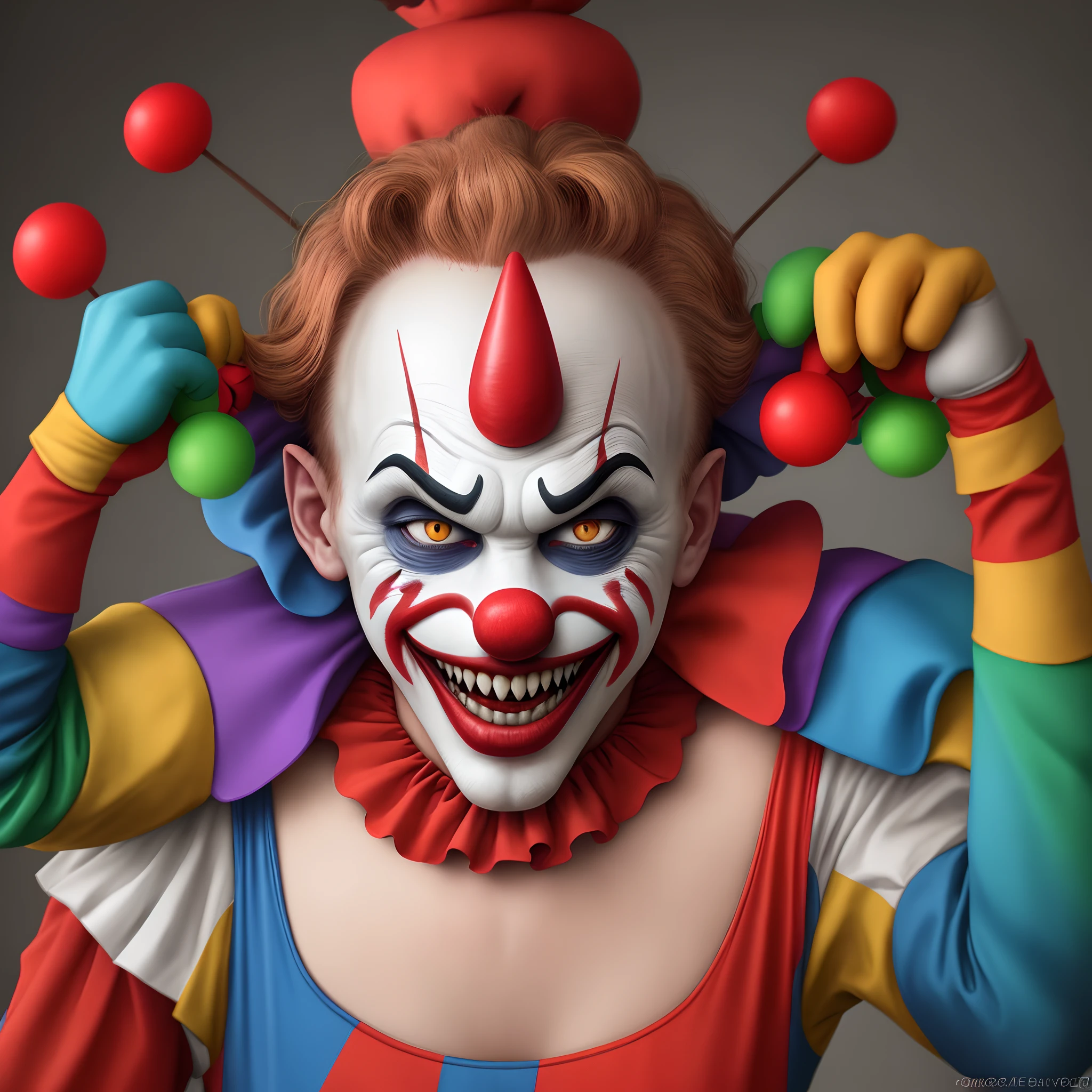 An artwork depicting a funny yet sinister clown with a mischievous grin on his face. The clown has exaggerated features, including a wide, toothy smile and bright, unsettling eyes. He is dressed in a typical clown outfit with vibrant colors and patterns, but there’s an eerie twist—his appearance suggests something more menacing beneath the surface. The clown is pointing upwards with one hand, as if drawing attention to something above, while his expression combines humor with a hint of malevolence. The overall image balances the playful and the creepy, creating a character that is both amusing and unsettling