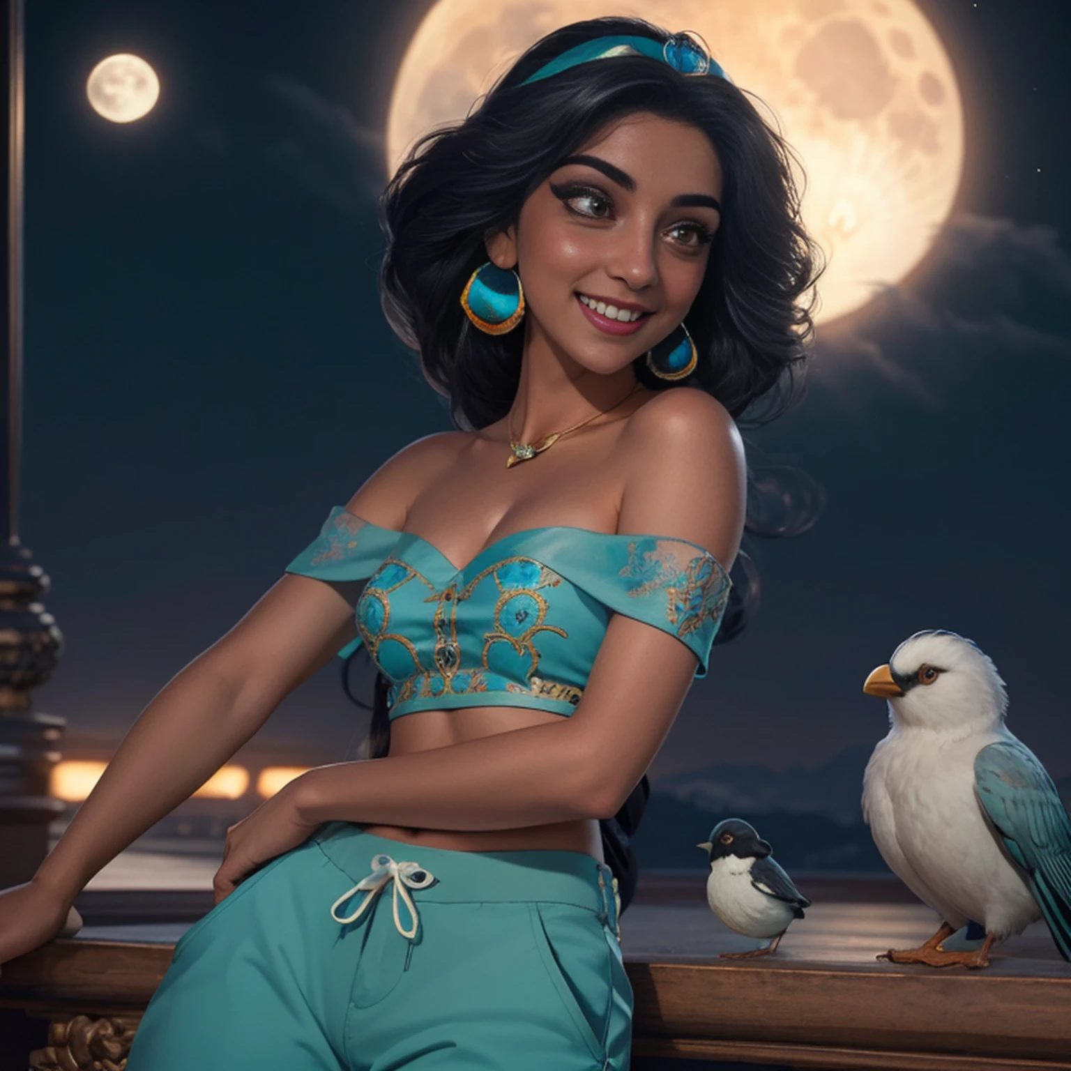 LiliArt como Jasmine, rosto LiliArt, 1girl, solo, olhando para o espectador, sorriso, camisa, ombros nus, joias, sentado, corpo inteiro, flor, brincos, Slacks, fora do ombro, crop top, maquiagem, bird, borda, lua, lua cheia, camisa off-shoulder (realista: 1.2), (realismo), (obra-prima: 1.2), (melhor qualidade), (ultra detalhado), (8k, 4k, intrincado),(full-body-shot:1), (85mm),light particules, Uplighting, (altamente detalhado: 1.2),(rosto detalhado:1.2), (gradientes), sfw, colorido, (olhos detalhados:1.2) (fundo detalhado), paisagem detalhada, (dinamic angle: 1.2), (dinamic pose: 1.2), (regra de third_composition:1.3), (action line: 1.2)
