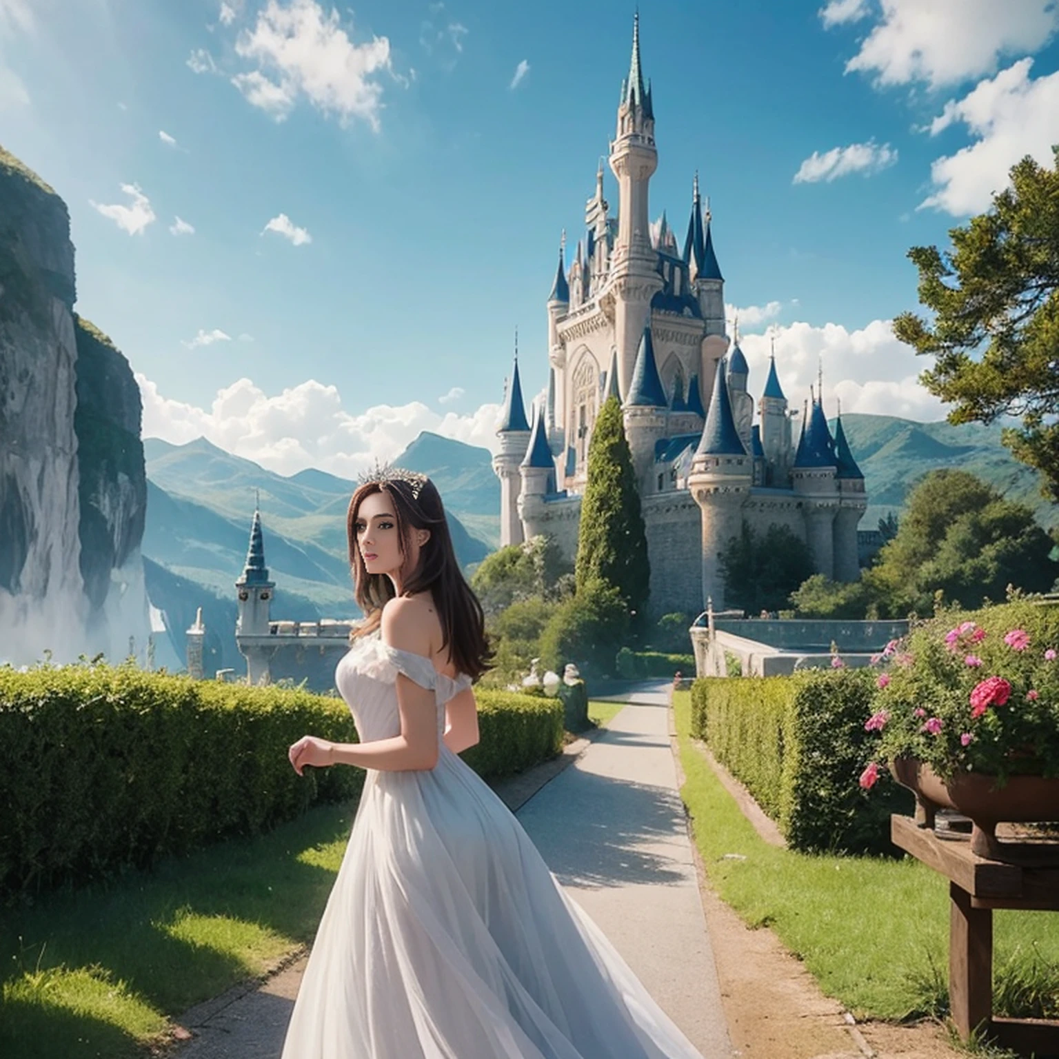 There is a woman in a white dress in front of a castle, like alice in wonderland, beautiful face, Rosto detalhado, dedos detalhados, fantasy fairytale story, beautiful render of a fairytale, linda donzela fantasia, arte de conto de fadas, bela arte de fantasia, romantic storybook fantasy, arte de fantasia muito bonita, realistic fantasy illustration, Fantasia pintura fosca,fofo, arte fantasia behance, breathtaking fantasy art, fantasia bonita, arte digital de fantasia, arte estilo fantasia