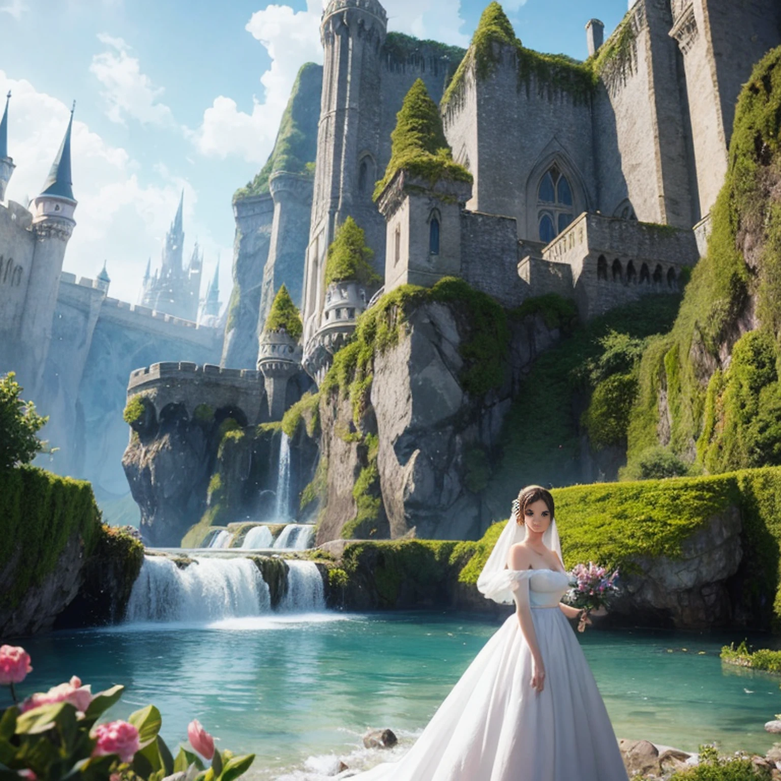 There is a woman in a white dress in front of a castle, like alice in wonderland, beautiful face, Rosto detalhado, dedos detalhados, fantasy fairytale story, beautiful render of a fairytale, linda donzela fantasia, arte de conto de fadas, bela arte de fantasia, romantic storybook fantasy, arte de fantasia muito bonita, realistic fantasy illustration, Fantasia pintura fosca，fofo, arte fantasia behance, breathtaking fantasy art, fantasia bonita, arte digital de fantasia, arte estilo fantasia