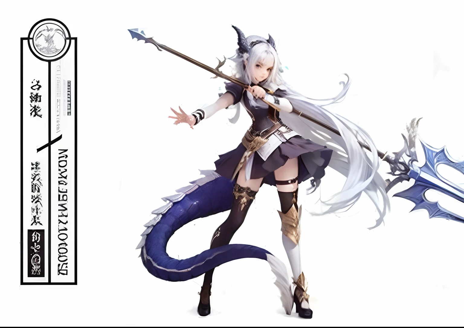 A teenage girl,Halberd in hand,There is a pair of dragon horns on the head,There is a dragon tail