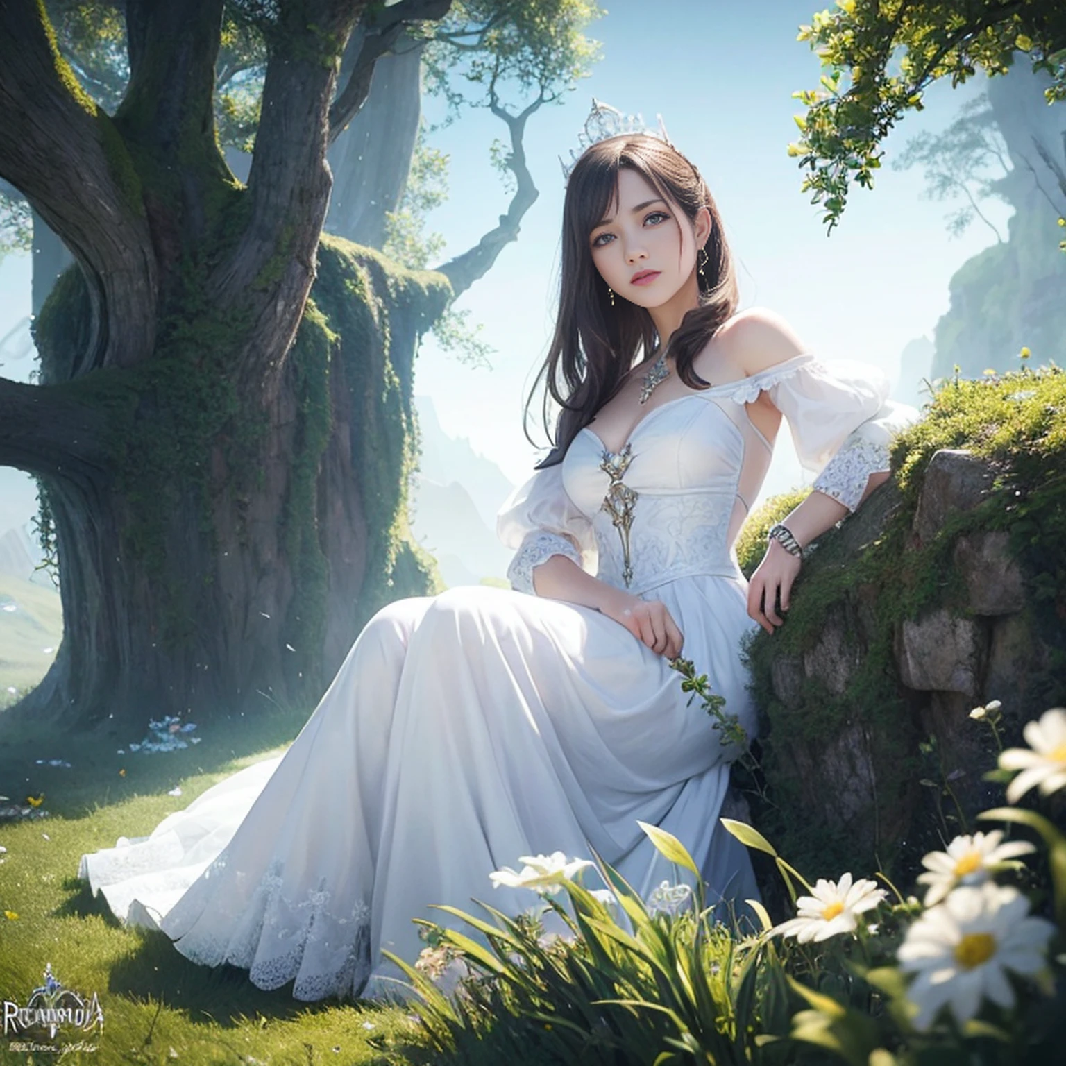 There is a woman in a white dress in front of a castle, like alice in wonderland, beautiful face, Rosto detalhado, dedos detalhados, fantasy fairytale story, beautiful render of a fairytale, linda donzela fantasia, arte de conto de fadas, bela arte de fantasia, romantic storybook fantasy, arte de fantasia muito bonita, realistic fantasy illustration, Fantasia pintura fosca，fofo, arte fantasia behance, breathtaking fantasy art, fantasia bonita, arte digital de fantasia, arte estilo fantasia