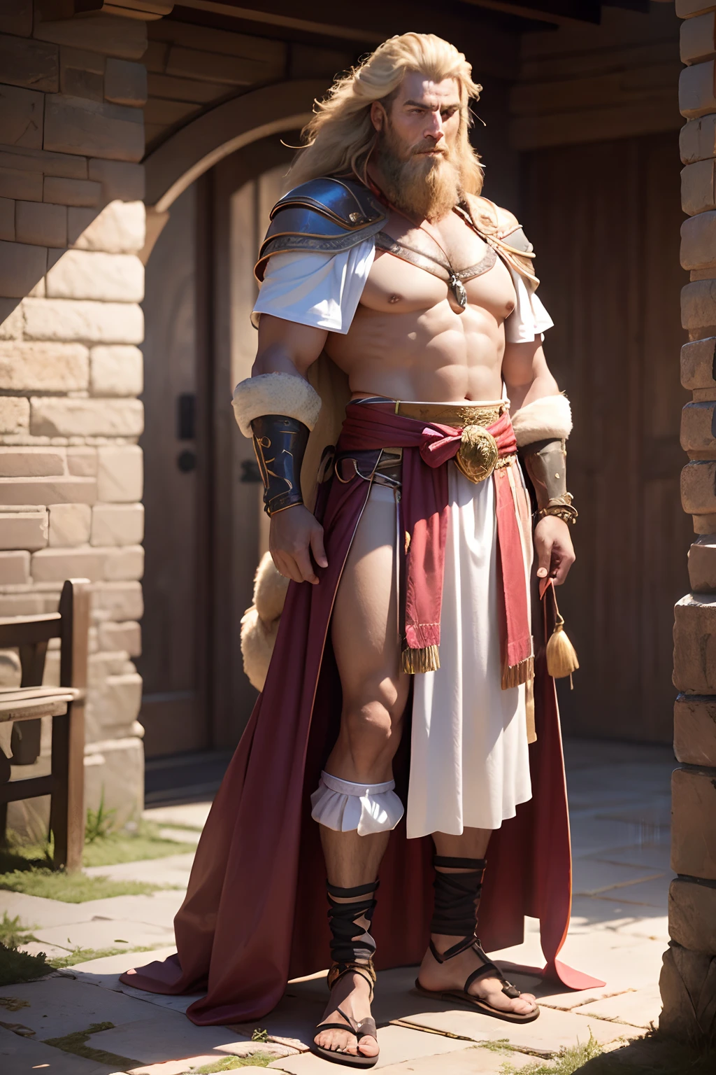 1homem,Samson, longa cabeleira, barbudo, wearing a tunic made of animal skin, sandals on his feet, On your forearms, leather clamps, manly, forte e viril, (Biblical character)ajoelhado as margens de um riacho, washing his face calmly and right behind a lion slaughtered by him, standing a woman beside him we see Delilah, Beautiful woman wearing dressed only in the purest silk and bright adornments on her arms, fingers and toes, dynamics, realista, UHD, 32k, decote, obra-prima de arte, epic scene, ultra high def, 32k, --auto --s2