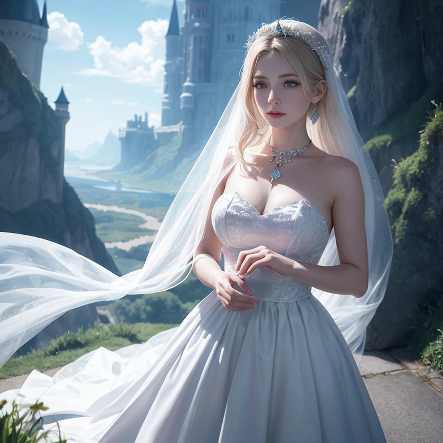There is a woman in a white dress in front of a castle, like alice in wonderland, beautiful face, Rosto detalhado, dedos detalhados, fantasy fairytale story, beautiful render of a fairytale, linda donzela fantasia, arte de conto de fadas, bela arte de fantasia, romantic storybook fantasy, arte de fantasia muito bonita, realistic fantasy illustration, Fantasia pintura fosca,fofo, arte fantasia behance, breathtaking fantasy art, fantasia bonita, arte digital de fantasia, arte estilo fantasia