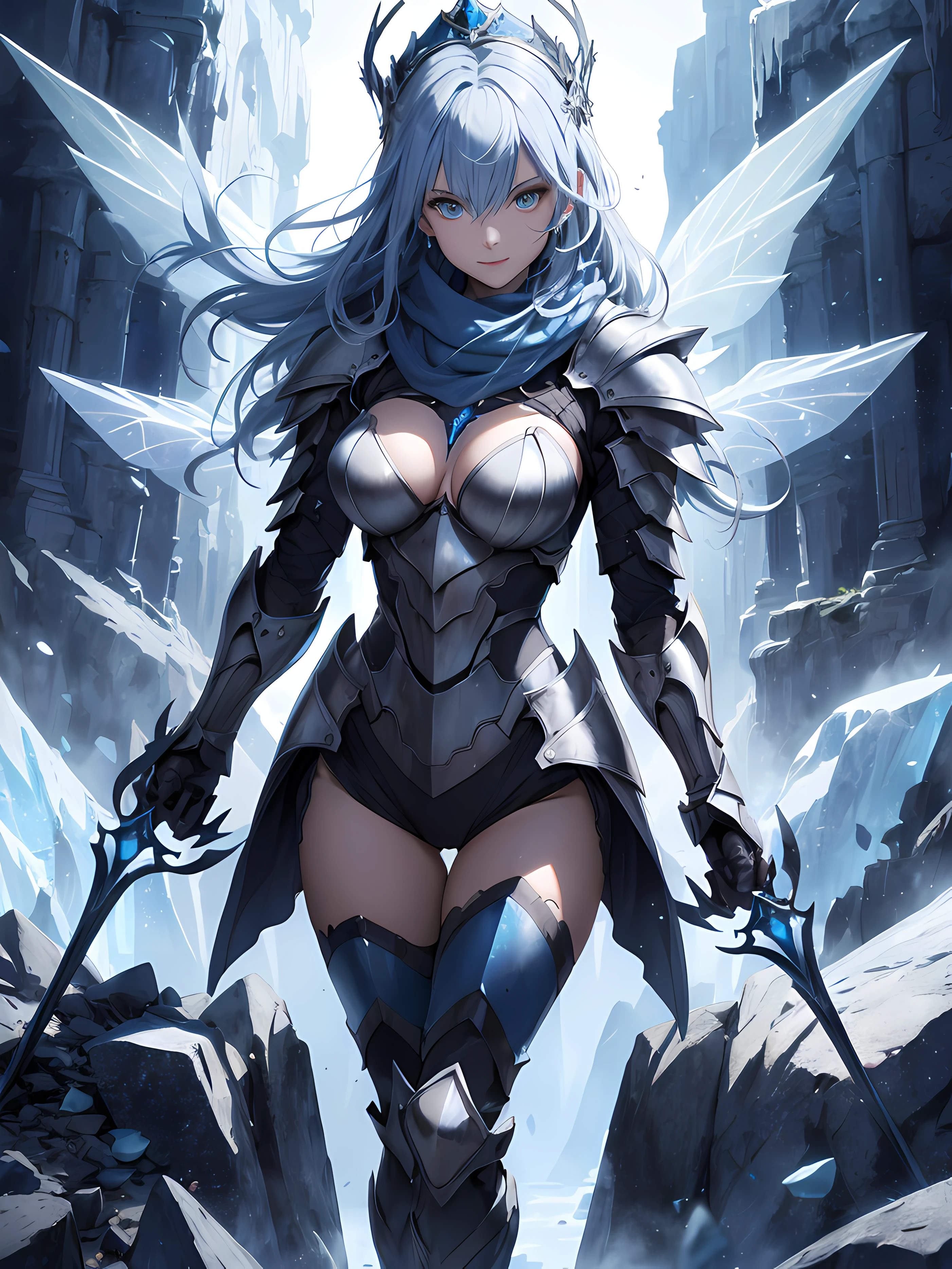 A beautiful Women, absurdres, ((full body armor, shining armor, knight leg armor, boot armor, fire knight )), ((holding a weapon)) , perfect body figure, blue color hair, wavely hairstyle, ice magic, ice manipulation, frozen power, icebeam attacks, aura of cold, gentle expression, smile, very big breast, very big ass, age 39, middle age, photo manipulation, altered realities, fantastical scenes, digital artistry, creative editing, evocative narratives, striking visuals , kinetic art, moving sculptures, mechanical creations, interactive installations, dynamic motion, engineering ingenuity, captivating visuals, ((Highest quality)), ((outstanding detail)), ((super high resolution: 3.5)), (fidelity: 1.4), ((best illustration, favor details, perfect detail rendering, ultra HD, masterpiece, ultra high res)), (photorealistic:1.5), raw photo, perfect brightness and darkness, light ray, perfect balance, smooth color transition, full body frame, shining light, black and blue color armor, ice body aura, ice coat, Full detail armor design, crown, shining eyes, blue eyes, mature, perfect color layer, pose, domineering, blue scarf, royalty, majestic, night, Empress, wind blowing, breeze, perfect color blur, calm, perfect lighting, crystal blue color crown, blue color mantle, halo blue light, movement motion, wings made from the ice