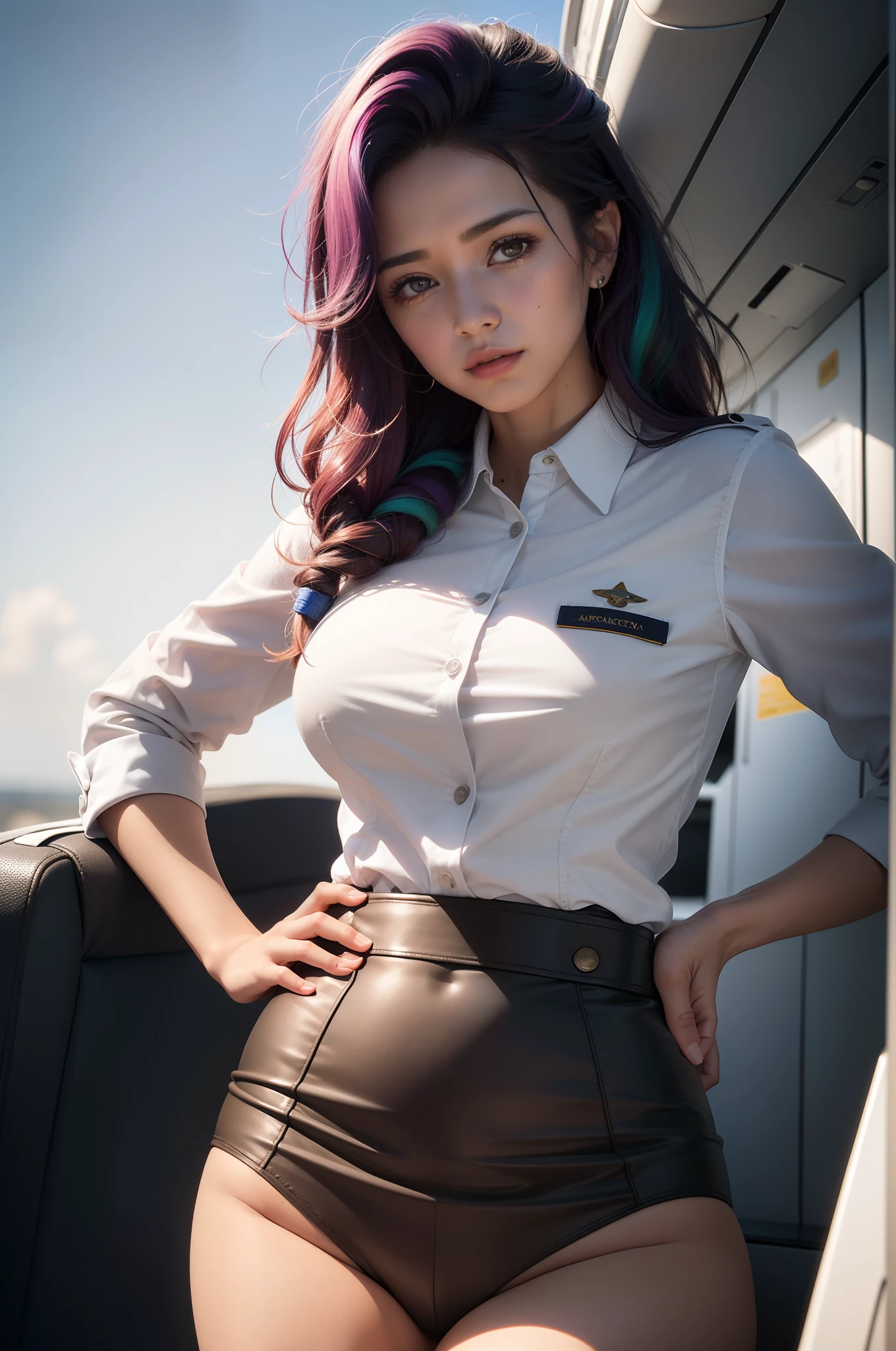 ULTRA HDR 16K , obra prima ,  mulher de jovem , Stewardess , cabelo comprido , in stewardess clothes, Tema escuro tons suaves coloridos suaves ,Alto contraste ,(textura natural da pele, hiper-realismo,Crisp soft light ) fundo vermelho , airplane background