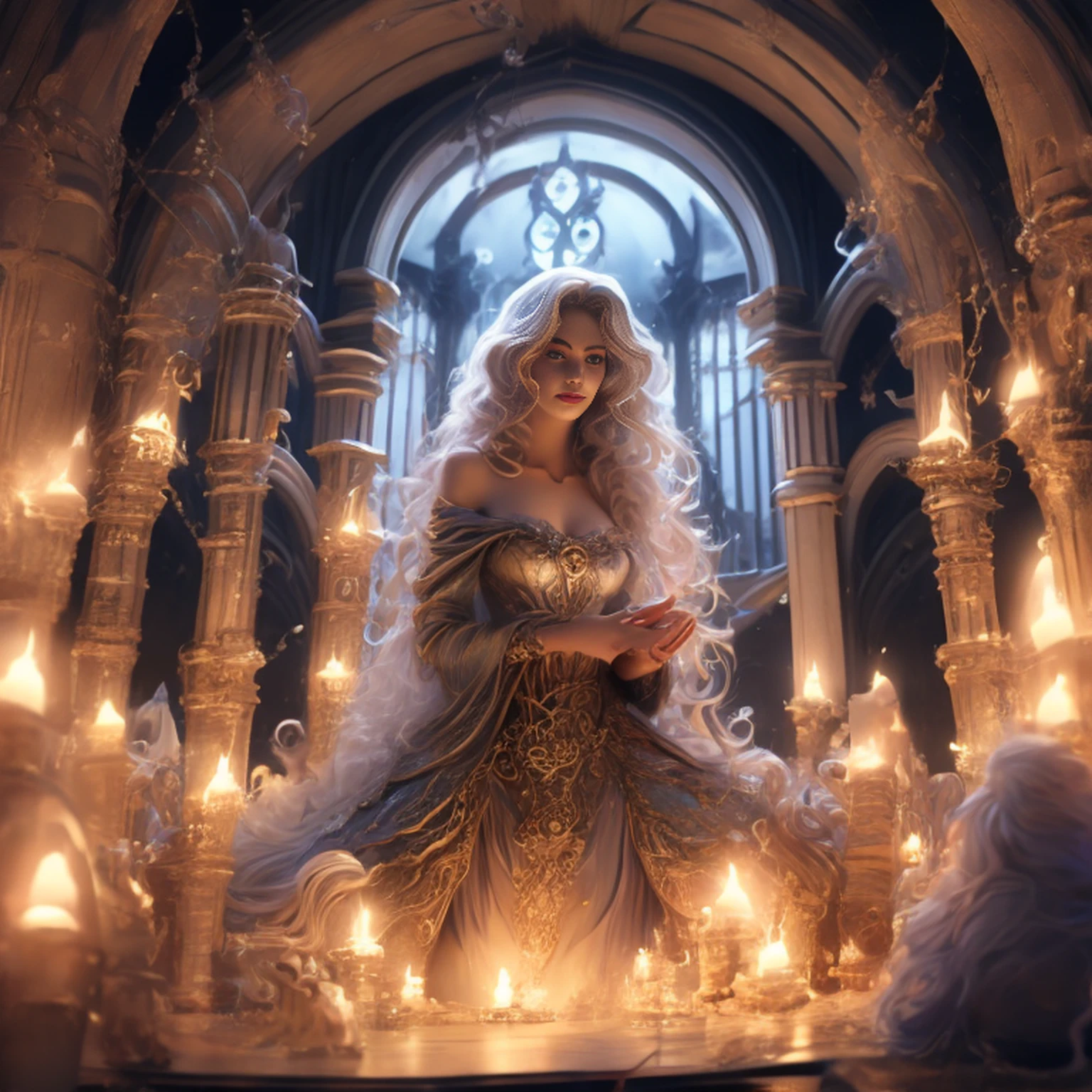 There is a woman in a white dress in front of a castle, like alice in wonderland, beautiful face, Rosto detalhado, dedos detalhados, fantasy fairytale story, beautiful render of a fairytale, linda donzela fantasia, arte de conto de fadas, bela arte de fantasia, romantic storybook fantasy, arte de fantasia muito bonita, realistic fantasy illustration, Fantasia pintura fosca，fofo, arte fantasia behance, breathtaking fantasy art, fantasia bonita, arte digital de fantasia, arte estilo fantasia