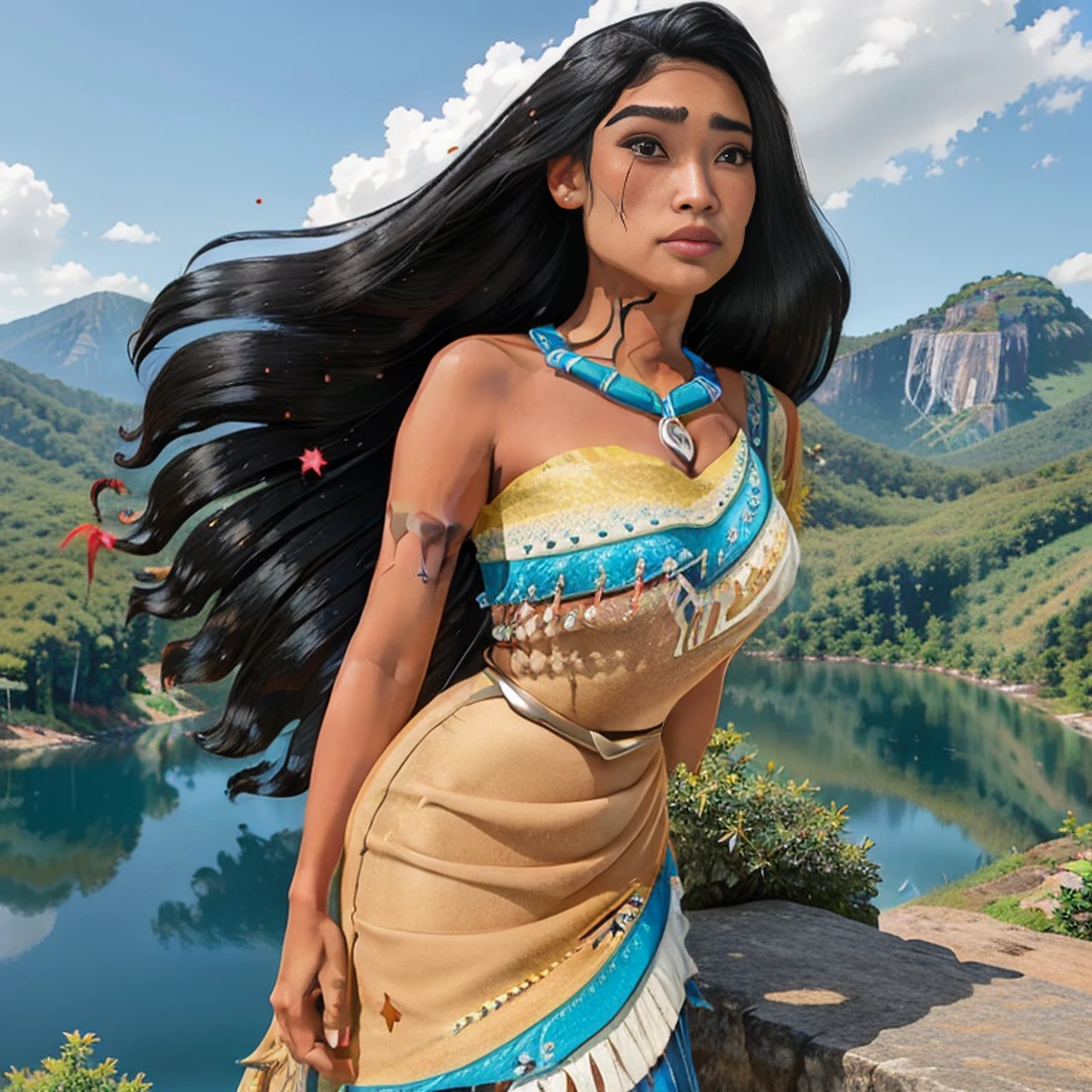 ((obra-prima, melhor qualidade:1.2), PocahontasWaifu, (pele bonita: 1.2), 18 anos de idade, rosto bonito, rosto elegante, (olhos bonitos: 1.4), olhos castanhos, cabelo preto, (tribal, vestido: 1.2), seios, ao ar livre, floresta, vista do lago do penhasco, blue skies, tiro de cowboy,