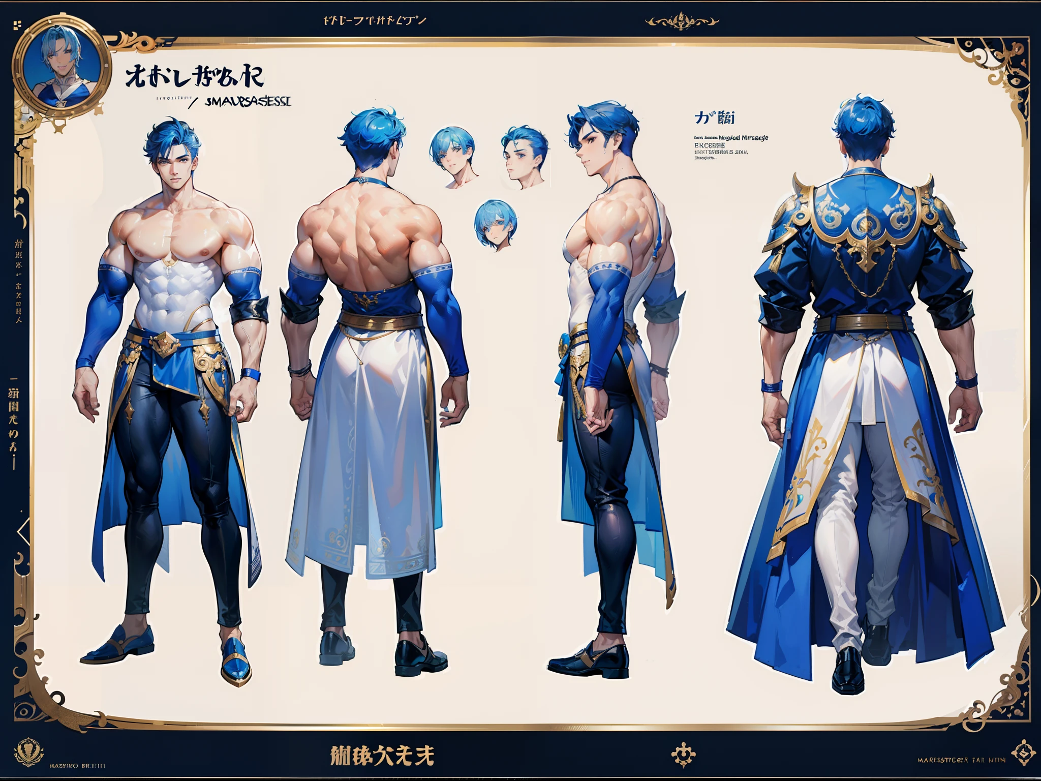 ((Masterpiece, Highest quality)), Detailed face, character design sheet， full bodyesbian, Full of details, frontal body view, back body view, Highly detailed, Depth, Many parts, Muscle boy with blue hair，handsome man, muscle body, white outfit male gods, man tall