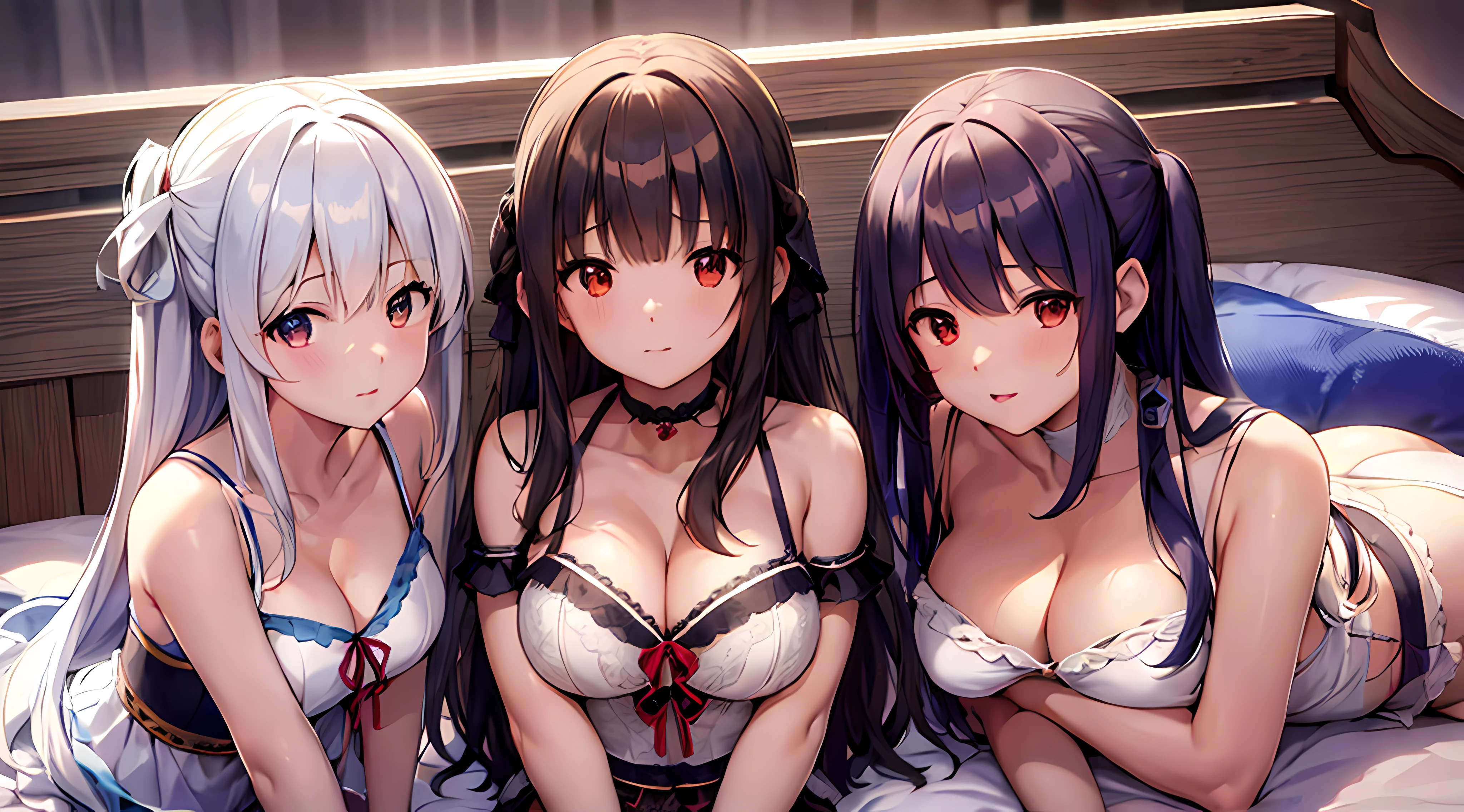 Three anime girls in lingersuits sitting on a bed, Oppai, estilo anime Ecchi, Ecchi, Personagens de Azur Lane, anime moe artstyle, detalhes finos. s da linha de frente, kantai collection style, Estilo de pista Azur, garotas de anime, Do videogame Azur Lane, pixiv 3dcg |, visual novel chave visual, de meninainha de frente