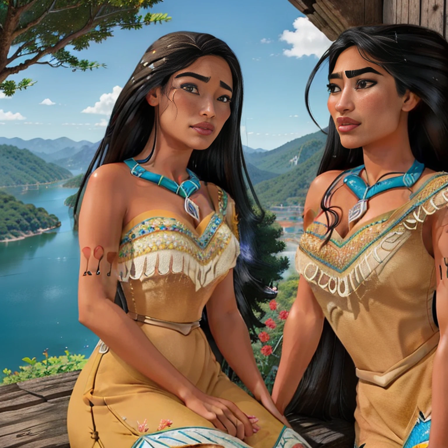 ((obra-prima, melhor qualidade:1.2), PocahontasWaifu, (pele bonita: 1.2), 18 anos de idade, rosto bonito, rosto elegante, (olhos bonitos: 1.4), olhos castanhos, cabelo preto, (tribal, vestido: 1.2), seios, ao ar livre, floresta, vista do lago do penhasco, blue skies, tiro de cowboy,
