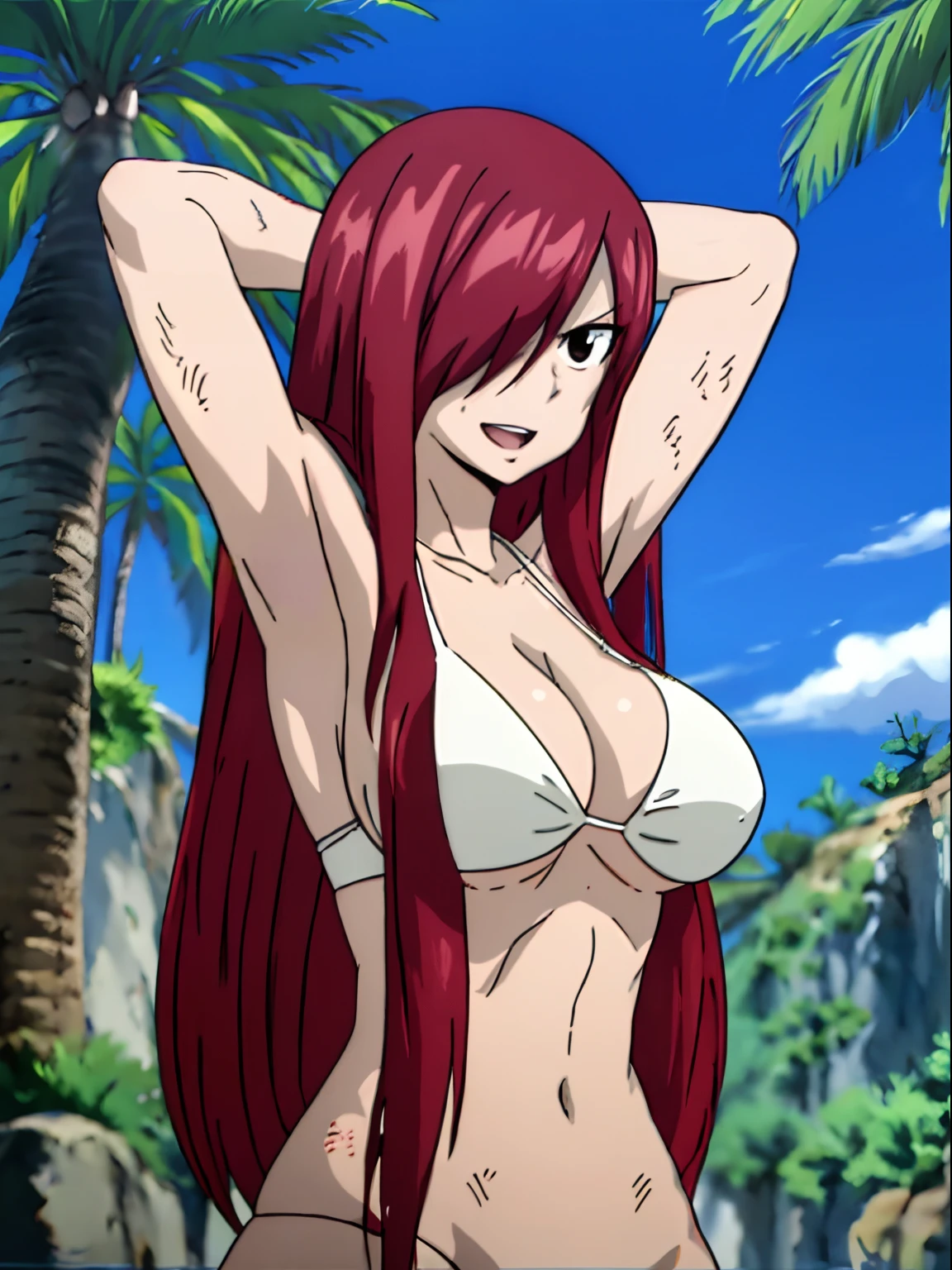 masterpiece, anime style, beach, best quality, highres, fairy tail, 1girl, long hair, reddish hair, (bang cover one eye, one hidden eye, brown eye), large breasts, collarbone, midriff, white bikini, standing, outdoors, smile, open mouth, emo hair, thick arms, broad shoulders, mature woman, (tall), wide shoulders, long belly, armpit, strong arms, ultra detailed arms