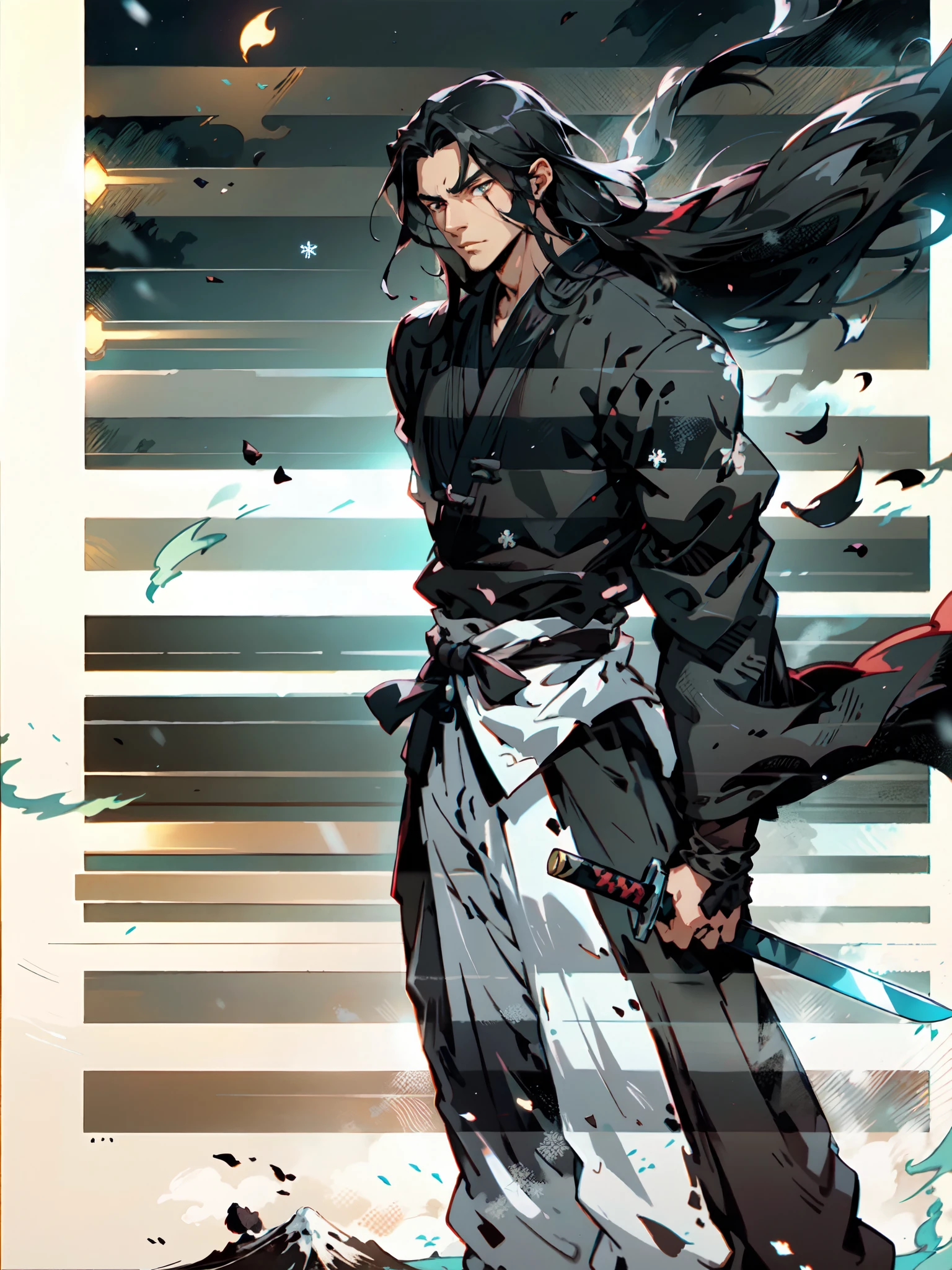 best quality (katana: 1.4), serious,(at night: 1.4), a single 16-year-old has long black hair that is loose to the winds, and poured down his body, smooth and shiny, which fall gently to his back. Her hair is thick and has a healthy appearance, contrasting with her fair skin. The young man's eyes are deep and emerald green, intense as two light pearls. They reflect calm and an inquisitive curiosity. With his upright posture, the young man shows a confident bearing and a cheerful and hyperactive aura. He wears a white kimono with blue-green details with patterned gray clouds, with a large yellow ribbon at his waist, sleeveless, made of a quality fabric. giving him the look of a swordsman. He has an animal, a monkey on his shoulder. At his waist, he carries a white katana with gray details on the blade. The long, sharp blade is made of polished steel, reflecting light. The katana grip is wrapped in black leather, offering a firm and secure grip. The scabbard of the sword adorned with demonic symbols. Kimetsu no Yaiba style, alone, 1boy, muscular man, demon slayer style, loose hair, quiet look, smiling, tall, confident, only 1, spilled hair, loose and big hair