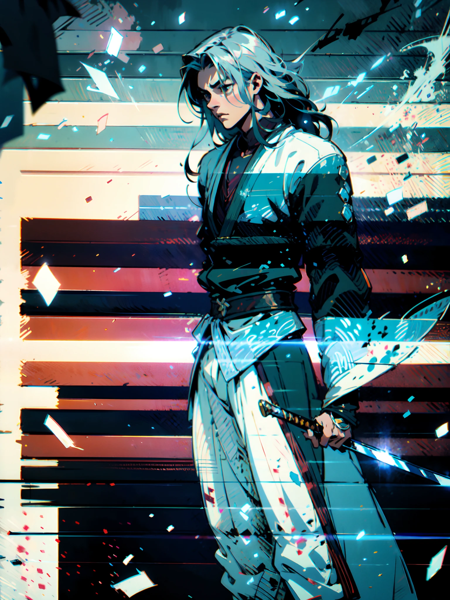 A young man with long hair, half-black and half-white long hair, sharp eyes, a confident expression, a heroic countenance, he wears a flowing two-piece martial arts-style robe, matching loose trousers, holding a slender sword in his left hand, the night sky, standing amidst a snowy mountain landscape, snowflakes falling all around, this character embodies a finely crafted Chinese swordsman design in anime style, characterized by a sophisticated and mature manga illustration art style, high definition, best quality, highres, ultra-detailed, ultra-fine painting, extremely delicate, professional, anatomically correct, symmetrical face, extremely detailed eyes and face, high quality eyes, creativity, RAW photo, UHD, 8k, Natural light, cinematic lighting, masterpiece:1.5