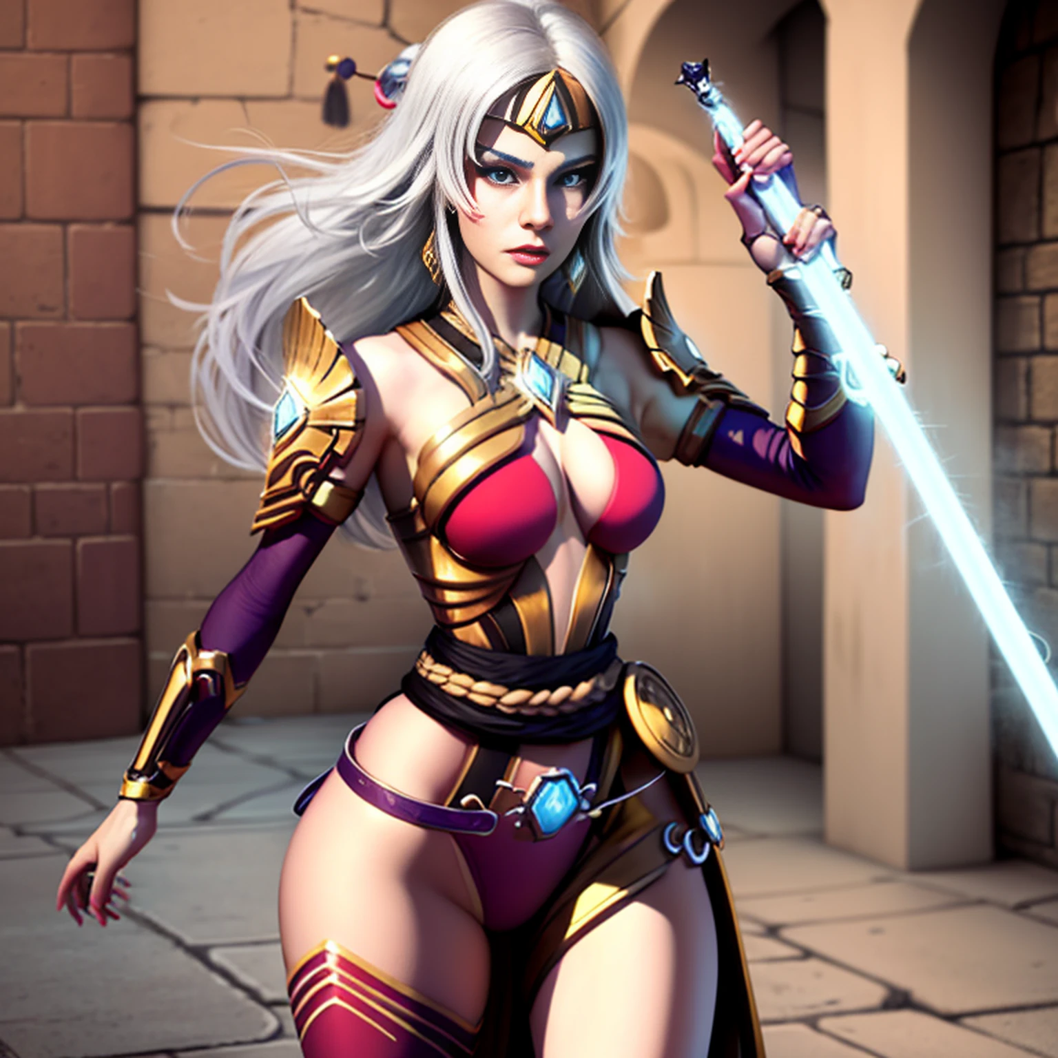 Um paladino inspirador vestindo armadura dourada, wielding a sword imbued with radiant light, e segurando um escudo gigante dourado. The paladin's blue eyes sparkle with determination as they navigate the dark and mysterious cityscape. O brilho da espada do paladino ilumina os arredores, revealing intricate details and adding a cinematic touch to the composition. The overall aesthetic captures the beauty and depth of the scene, reminiscente da fotografia Fujifilm.