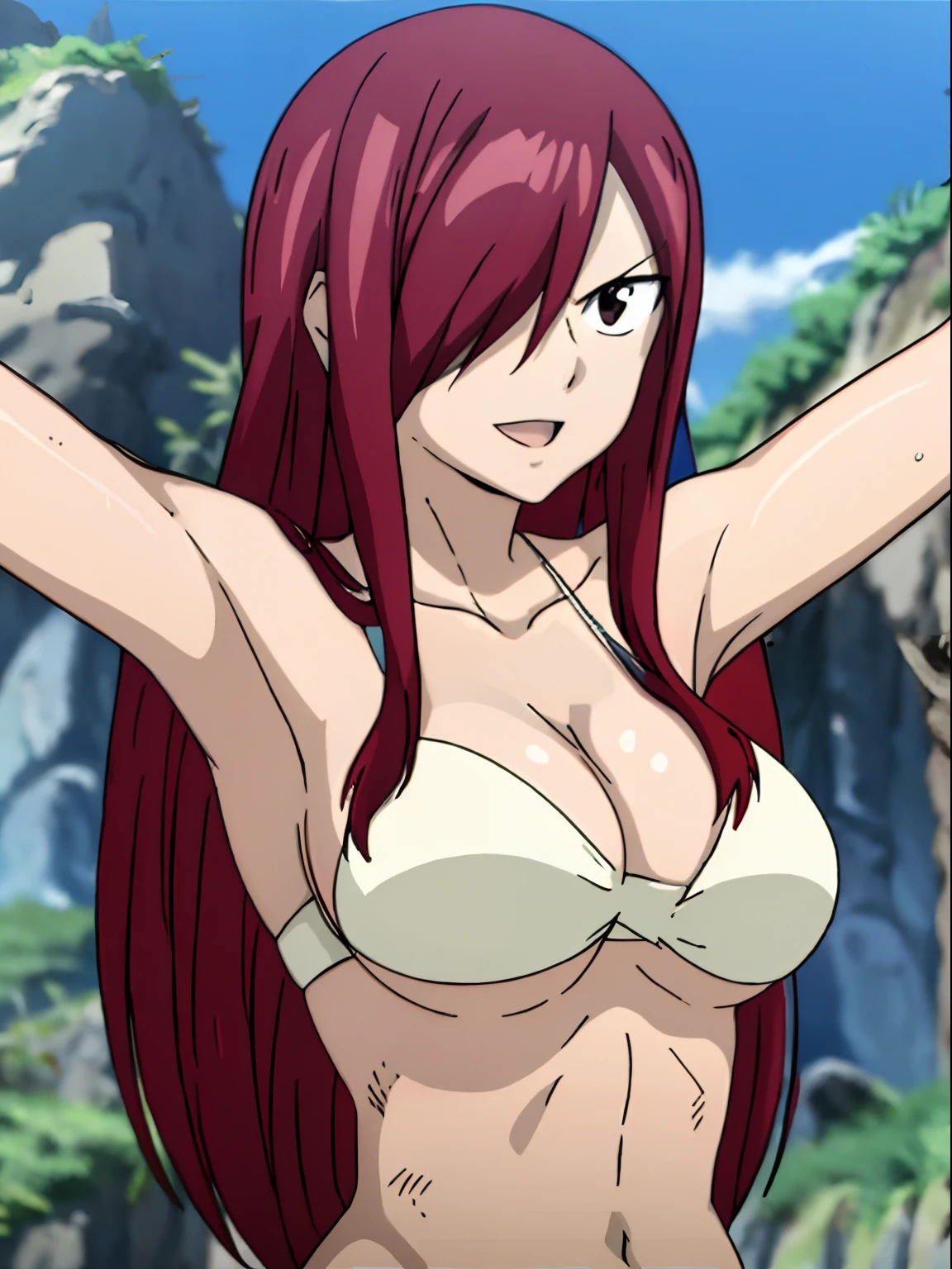 masterpiece, anime style, beach, best quality, highres, fairy tail, 1girl, long hair, reddish hair, (bang cover one eye, one hidden eye, brown eye), large breasts, collarbone, midriff, white bikini, standing, outdoors, smile, open mouth, emo hair, thick arms, broad shoulders, mature woman, (tall), wide shoulders, long belly, armpit, strong arms, ultra detailed arms