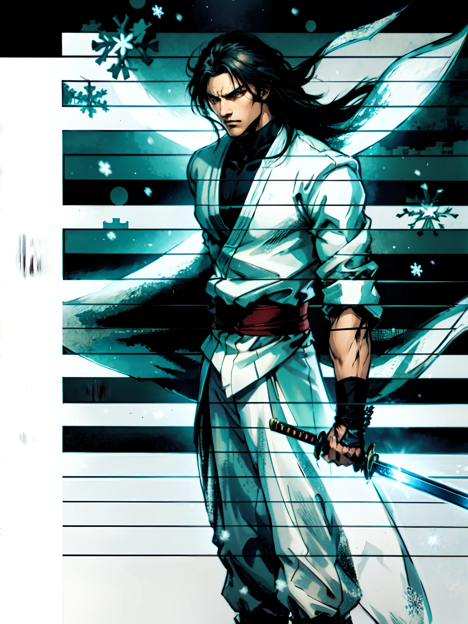 A young man with long hair, half-black and half-white long hair, hlfcol haired, black and white hair, sharp eyes, a confident expression, a heroic countenance, he wears a flowing two-piece martial arts-style robe, matching loose trousers, holding a slender sword in his left hand, the night sky, standing amidst a snowy mountain landscape, snowflakes falling all around, this character embodies a finely crafted Chinese swordsman design in anime style, characterized by a sophisticated and mature manga illustration art style, high definition, best quality, highres, ultra-detailed, ultra-fine painting, extremely delicate, professional, anatomically correct, symmetrical face, extremely detailed eyes and face, high quality eyes, creativity, RAW photo, UHD, 8k, Natural light, cinematic lighting, masterpiece:1.5