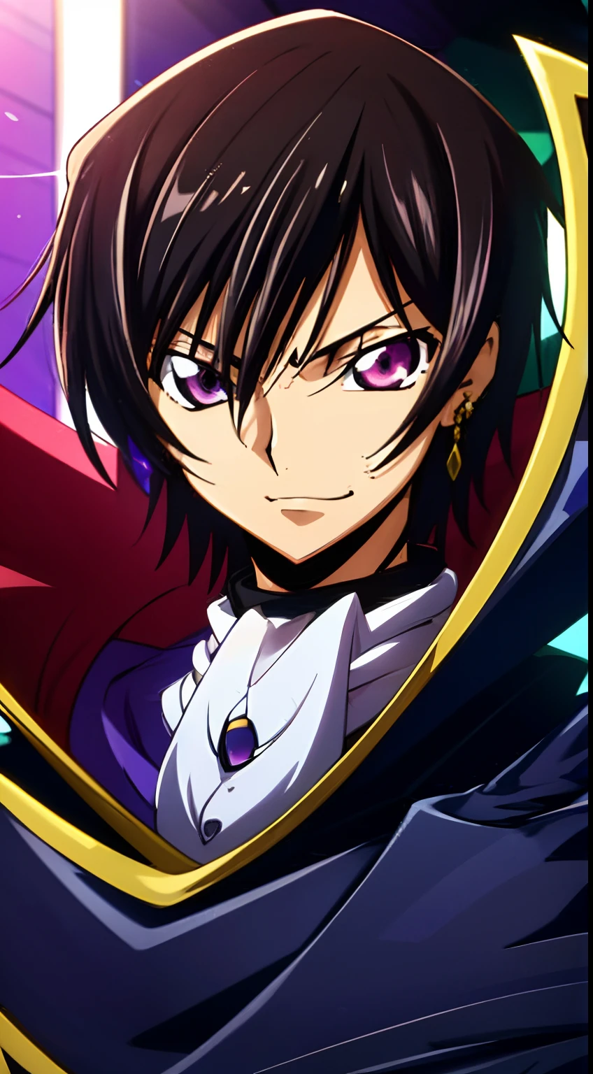 Black and yellow costume,Black Cape,Cape, chain-link_fence, coat,gloves,
Lelouch_Lamperouge,Jewelry,Pedras preciosas,
Black_hair,Purple_Eyes,earrings,Short hair, Purple light in their eyes ,
1 man, 20yr old,Man's,Beautiful FingerBeautiful body,Beautiful nose,Beautiful character design, Perfect eyes, Perfect face,
Looking at Viewer,angry, 
NSFW,Official art,Highly detailed CG Unity 8K wallpaper, Perfect Lighting,Colorful, Bright_front_Face_Lighting,
(masutepiece:1.0),(best_quality:1.0), 超A high resolution,4K,Ultra-detailed,Lens Flare, A smile