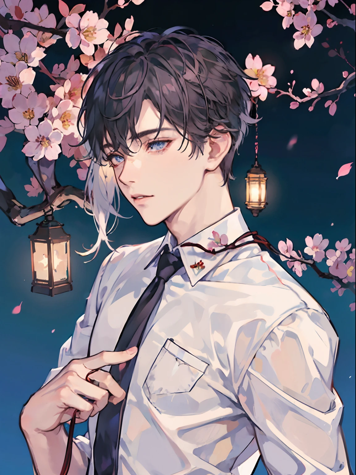 1boy,10 talents、(Man's :2) ,Handsome boy,A dark-haired、collar,(Upper body naked:1.5)、katanas,mid night 、Japanese garden、cherry trees、Sakura blizzard、Plum Blossom、lantern、beautiful lighting、hightquality、masutepiece,8K,NSFW,