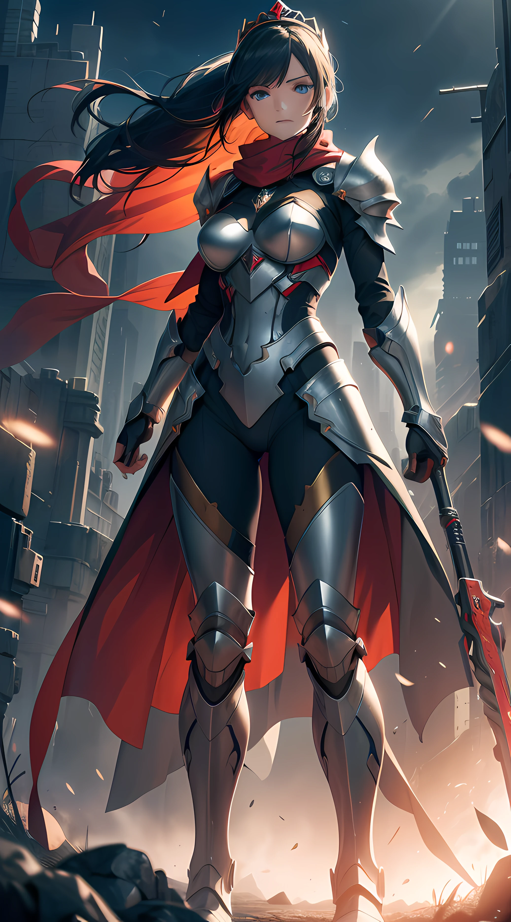 A beautiful woman, (perspective: 1.3), full body, full body photo, very huge breasts, (( grassland background)), (( sci fi theme)), cyberpunk suit (( full body armor, knight leg armor, boot armor)), smile, ((holding a weapon)) , big ass, black color hair, ponytail hairstyle, ((Highest quality)), ((outstanding detail)), ((super high resolution: 3.5)), (fidelity: 1.4), ((best illustration, favor details, perfect detail rendering, ultra HD, masterpiece, ultra high res)), (photorealistic:1.5), raw photo, perfect brightness and darkness, light ray, perfect balance, smooth color transition, perfect body figure, full body frame, shining light, black and gold color armor, icy body aura, dark red cyberpunk coat, Full detail armor design, shining eyes, blue eyes, mature, age 39, perfect color layer, pose, domineering, red scarf, royalty, majestic, night, Empress, blue moon, moonlight, starry sky, mecha, wind blowing, breeze, perfect color blur, calm, perfect lighting, red color crown, red color mantle, gold halo light, movement motion, pointing the weapon to the viewer
