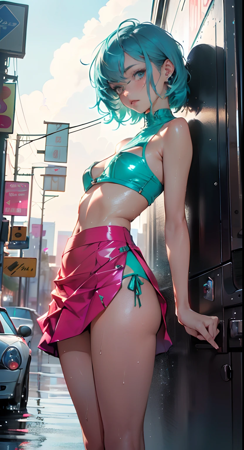 cute little loli,(((little loli,small tiny body,petite))),(((6 years old))),(( little loli with extremely cute and beautiful aqua hair)),
(((flat chest))),(((aqua hair:1.5,long aqua hair,colored inner hair,ear breathing,))),(((heterochromia:1.5,eye1 aqua,eye2 pink))),intricate eyes,beautiful detailed eyes,symmetrical eyes,big eyes:1.5,(((lustrous skin:1.5,bright skin: 1.5,skin tanned,shiny skin,very shiny skin,shiny body,plastic glitter skin,exaggerated shiny skin,illuminated skin,wet legs))),(delicate detailed fingers,detailed body,human hands,(detailed face)),
cute,slutty,erotic,((nsfw)),
zettai ryouiki,(revealing clothing,show skin),((underboob)),(barefoot,),(((breast curtain,low rise mini skirt,high cut thong,))),((wet clothes,intricate outfit,intricate clothes)),
(dynamic pose:1.0),solo focus,embarrassed,(centered,scale to fit dimensions,Rule of thirds),
cyberpunk city by the ocean at night, with bright neon signs and dark stormy clouds and puddles, scenery:1.25,
highres, sharp focus, (ultra detailed, extremely detailed), (photorealistic artwork:1.37),(extremely detailed CG unity 8k wallpaper),((synthwave background theme)),(((vibrant colors))),(intricate background),(masterpiece),(best quality),