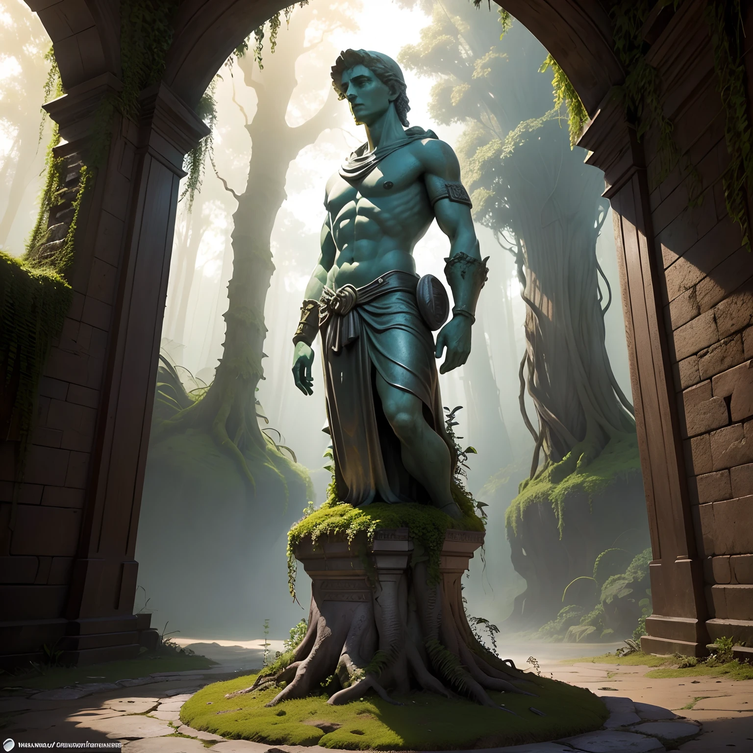 desenho realista, Rendered computer graphics, fantasia realista, Extensa paisagem ultra fotografia (General view showing an ancient battered stone statue covered in moss-covered ivy, a male statue in the form of a military statue), darkeness, Noite, Fundo desfocado, sombrio, azul, Escuro, cinza, fundo roxo, cinza, frio, magica, "Montanhas majestosas," "florestas exuberantes," "Lagos brilhantes," "dunas do deserto," "Golden sunset.