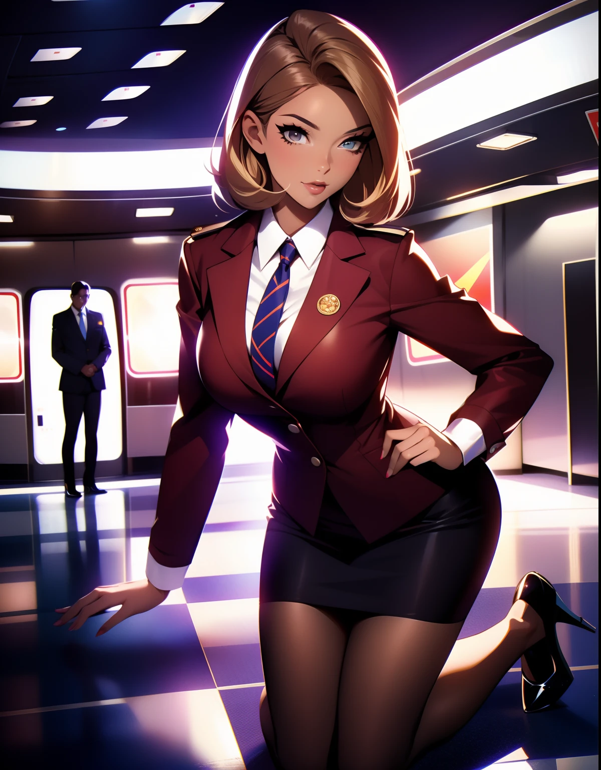 stewardess,Wear a flight attendant suit,A beautiful full body girl,with fair skin,cabelos preto e longos,24 years of age,busty figure,Short clothes,short skirt,Super sexy scene,facial closeups,perfect hands, perfect eyes, kneeling