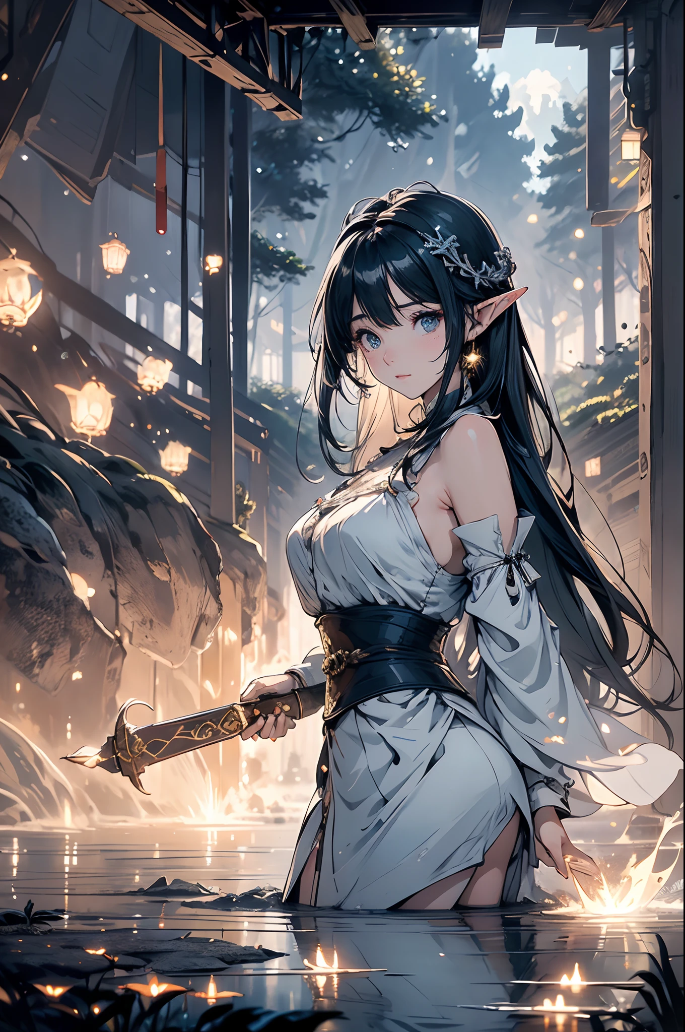 A masterpiece of elves in all things;Background;suns,ray of lights;The angel's weapon in hand;Beautiful woman;Ultra photo realsisim;hdr(HighDynamicRange),Ray traching,NVIDIA RTX,Hyper-Resolution,Unreal 5,Subsurface scattering、PBR Texture、post-proces、Anisotropy Filtering、depth of fields、maximum definition and sharpness、Many-Layer Textures、Albedo e mapas Speculares、Surface coloring、Accurate simulation of light-material interactions、perfectly proportions、rendering by octane、Two-colored light、largeaperture、Low ISO、White balance、the rule of thirds、8K raw data、