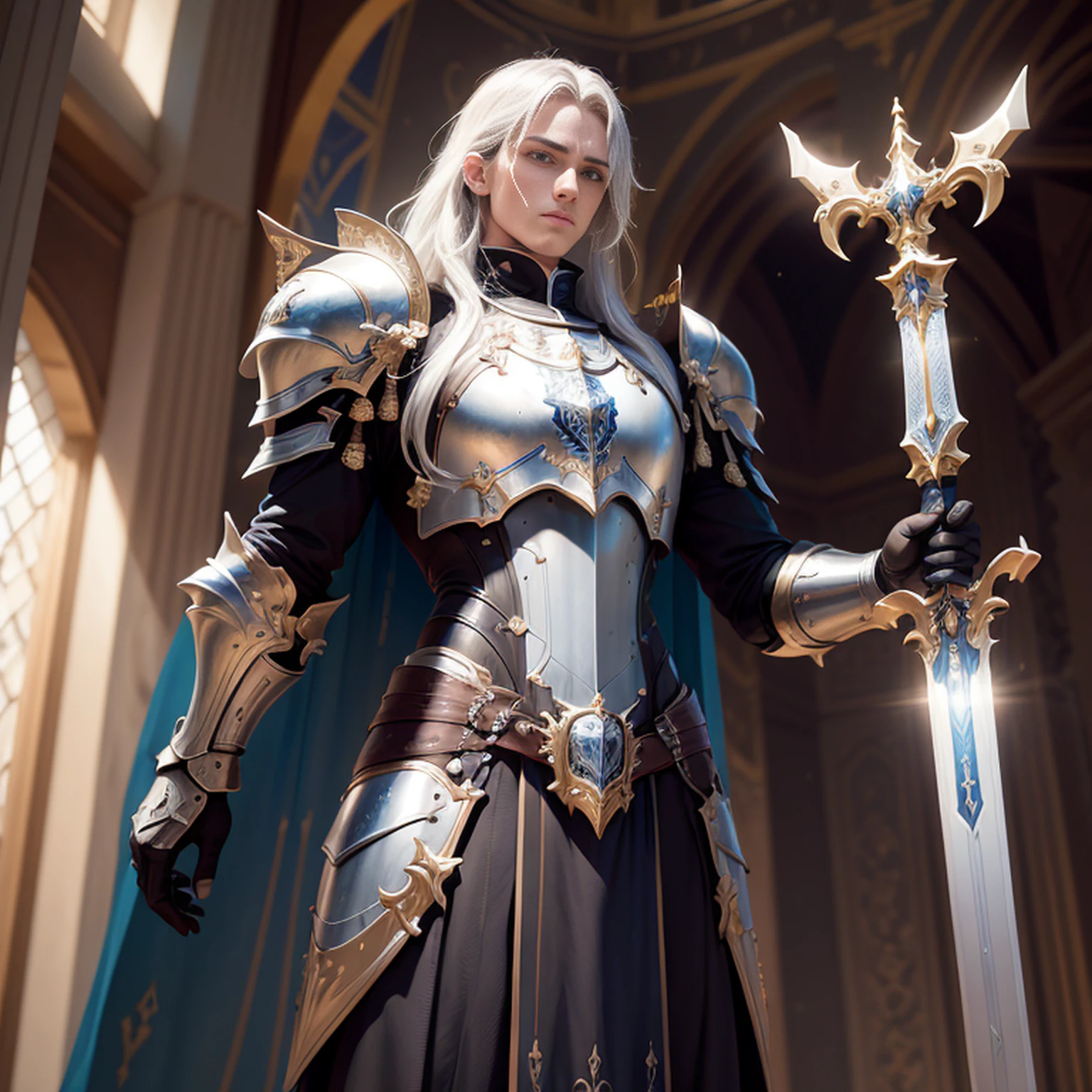Um paladino inspirador vestindo armadura dourada, wielding a sword imbued with radiant light, e segurando um escudo gigante dourado. The paladin's blue eyes sparkle with determination as they navigate the dark and mysterious cityscape. O brilho da espada do paladino ilumina os arredores, revealing intricate details and adding a cinematic touch to the composition. The overall aesthetic captures the beauty and depth of the scene, reminiscente da fotografia Fujifilm.