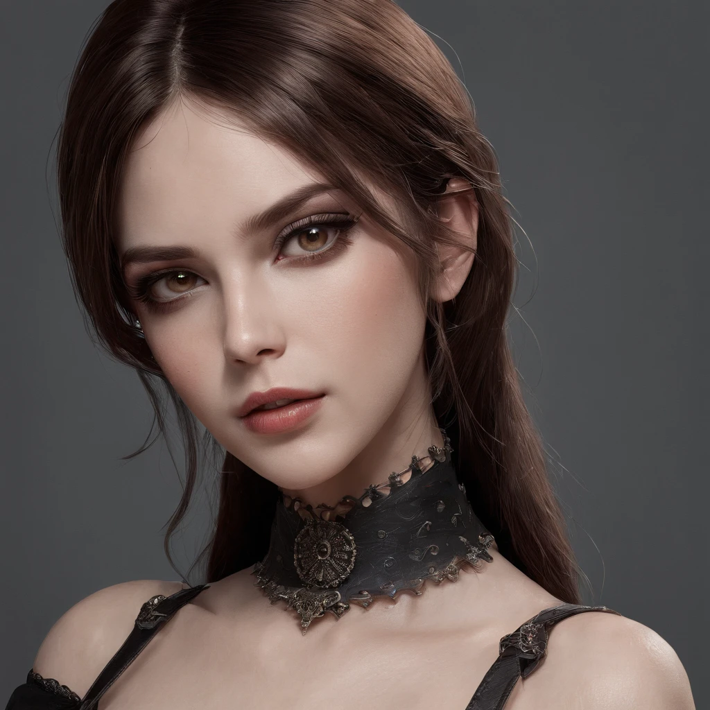 (best quality, highres:1.2), ultra-detailed, realistic:1.37, HDR, studio lighting, extreme detail description, professional, vivid colors, bokeh, oil painting, portraits, gothic fashion, symbolic clothing, brown eyes, barbed wire body adornments, dark brown hair with gray ends.