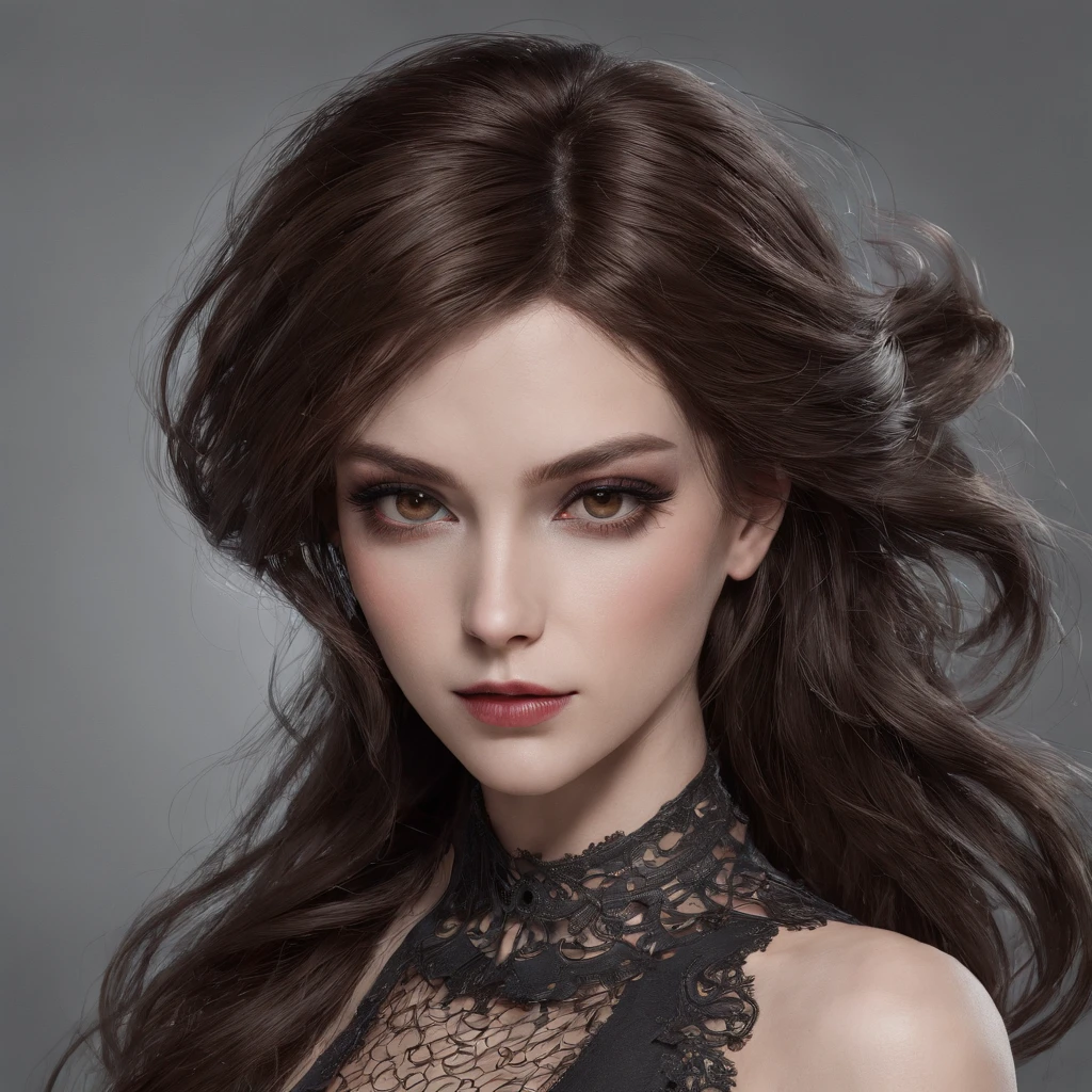 (best quality, highres:1.2), ultra-detailed, realistic:1.37, HDR, studio lighting, extreme detail description, professional, vivid colors, bokeh, oil painting, portraits, gothic fashion, symbolic clothing, brown eyes, barbed wire body adornments, dark brown hair with gray ends.