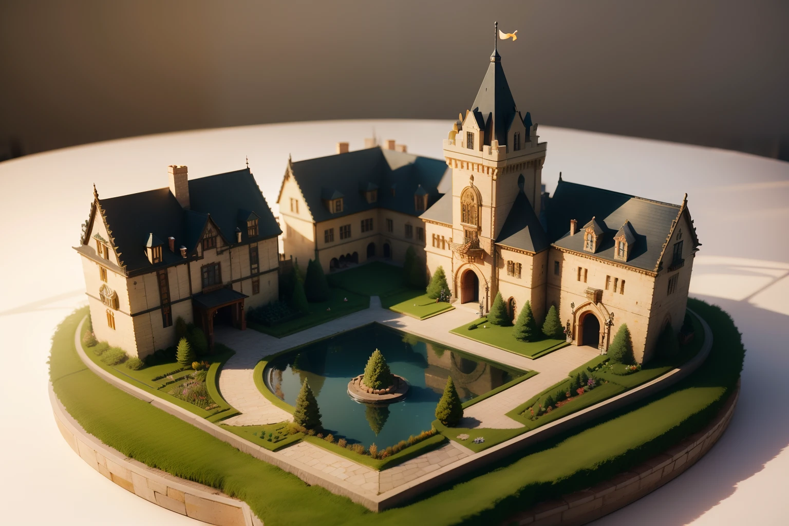 (Pixar style),Miniature Figure Models,Castles and gardens、Expanding castle town、landscaped gardens、Beautifully flowered gardens、fantasy castle、no man、Bright and natural light、Right-to-left light source, Rambrandt Lighting, Right-to-left light source, (Isometric view), (top down), Realistic scale,Captured from above、longshot、Significant shrinkage:1.5、photos realistic、Super Detail, Realistic, Super realistic, lifelike rendering, Slightly dim lighting、Professional Photographer