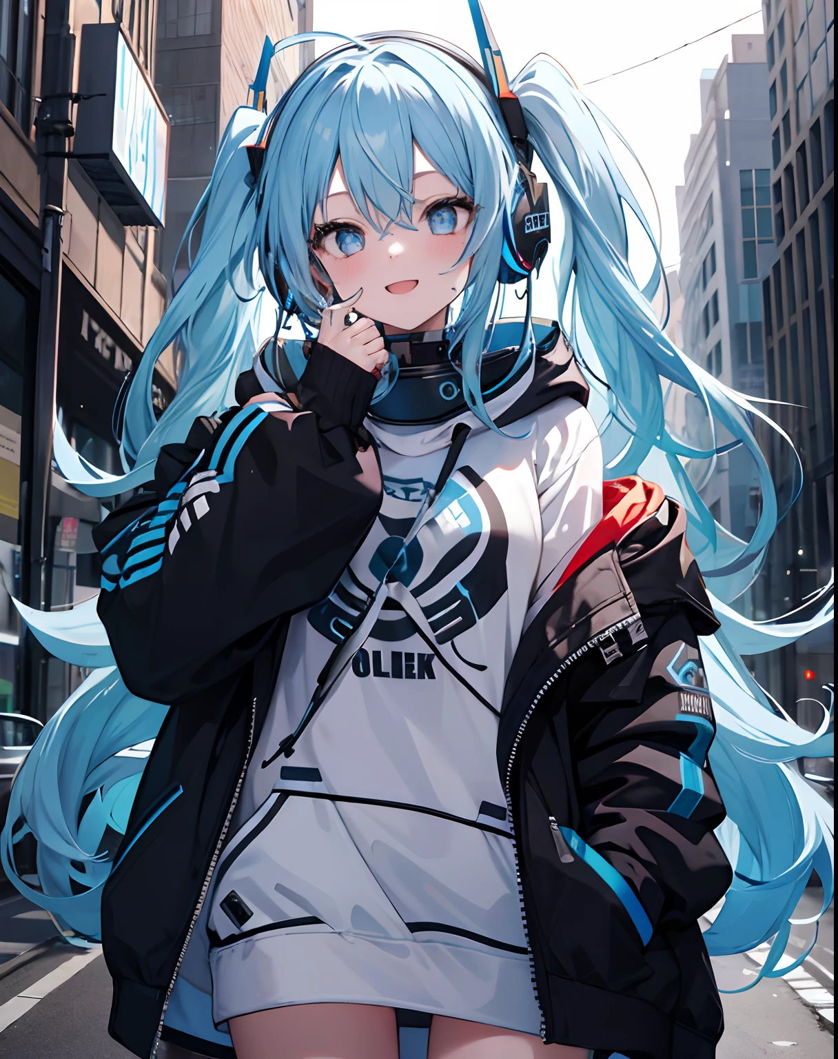 masterpiece,1girl, happy face, long messy blue hair, futuristic glowing headphone, solo, hoodie, off shoulder, street, black cool jacket
