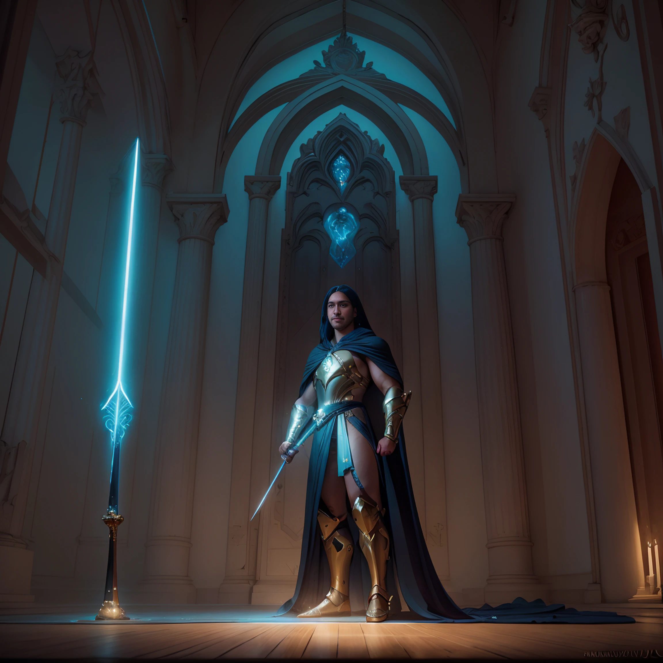 "An imposing paladin wielding a sword imbued with radiant light, emanando magia de luz potente. A cena se passa em uma paisagem urbana sombria e misteriosa, Iluminado pelo brilho da espada do paladino. The composition is expertly crafted, with breathtaking attention to detail and cinematic lighting. The overall aesthetic is reminiscent of Fujifilm photography, capturando a beleza e a profundidade da cena."