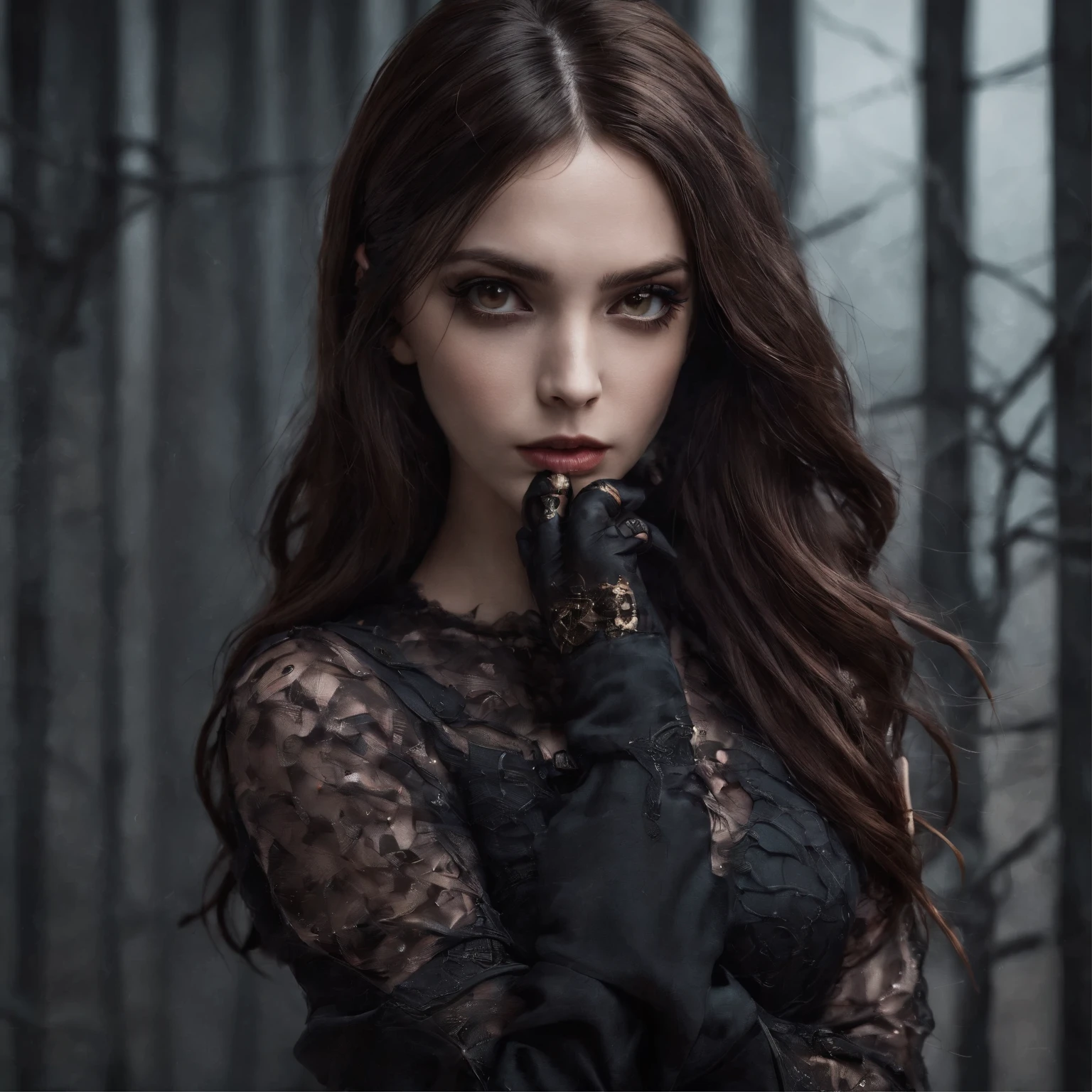 (best quality,highres,ultra-detailed),dark and mysterious girl com olhos castanhos e with symbolic Gothic outfits,barbed wire covering her body,dark long brown hair,gray strands at the ends,portraits,sharp focus,professional,bokeh,dramatic lighting,dark and moody color palette