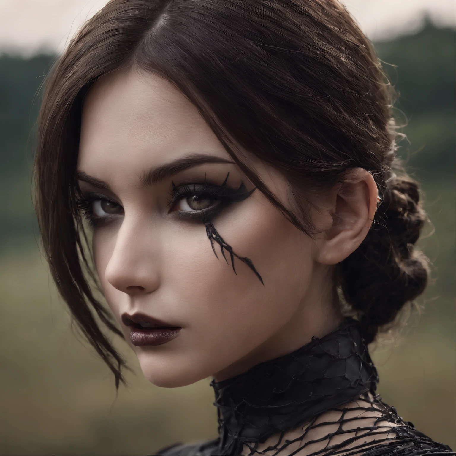 (best quality,highres,ultra-detailed),dark and mysterious girl com olhos castanhos e with symbolic Gothic outfits,barbed wire covering her body,dark long brown hair,gray strands at the ends,portraits,sharp focus,professional,bokeh,dramatic lighting,dark and moody color palette