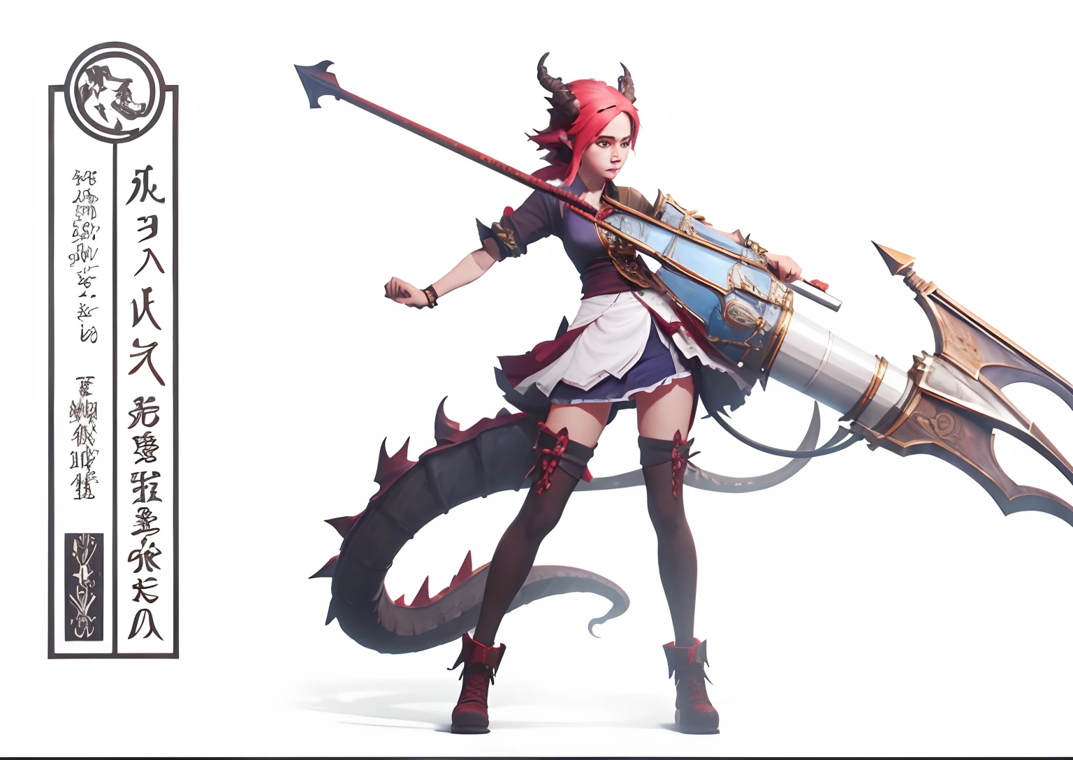 A  girl，Halberd in hand，There is a pair of dragon horns on the head，There is a dragon tail