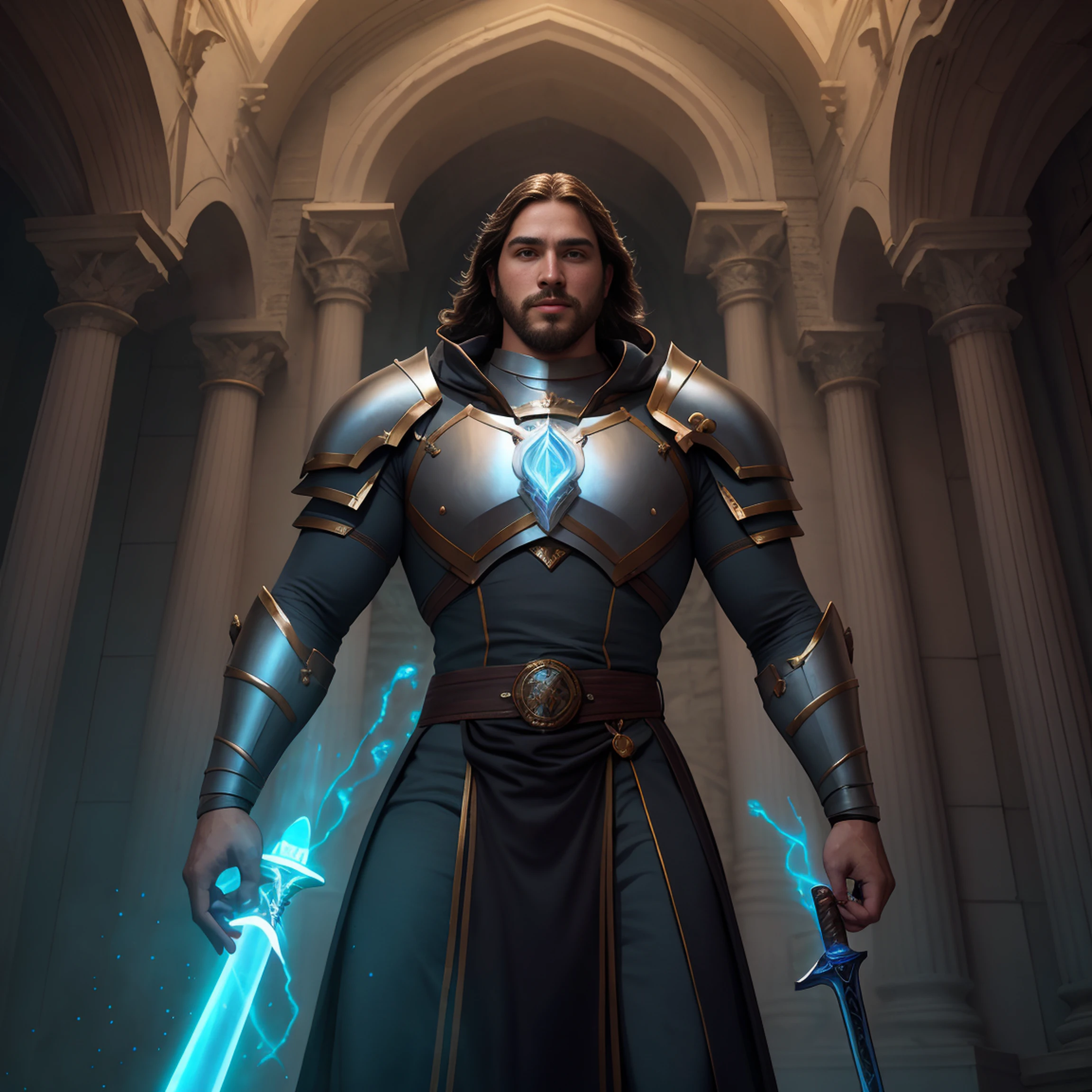 "An imposing paladin wielding a sword imbued with radiant light, emanando magia de luz potente. A cena se passa em uma paisagem urbana sombria e misteriosa, Iluminado pelo brilho da espada do paladino. The composition is expertly crafted, with breathtaking attention to detail and cinematic lighting. The overall aesthetic is reminiscent of Fujifilm photography, capturando a beleza e a profundidade da cena."