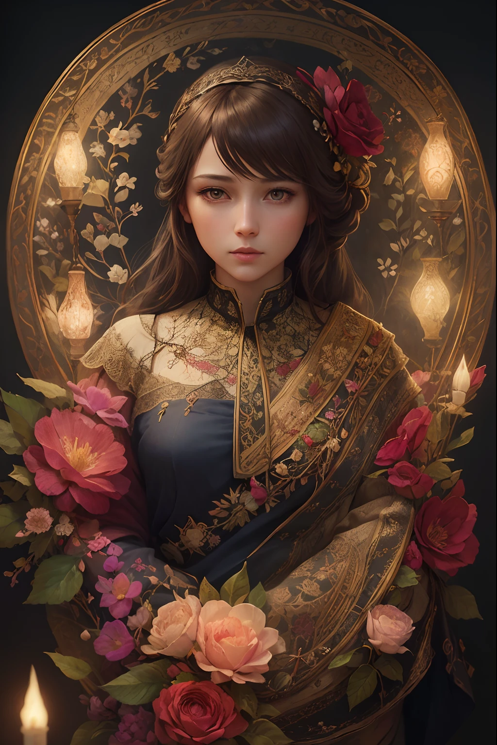 nightingale, needle point, silk tapestry, embroidery, fabric, whimsical, flower background, beautiful lighting, intricate details, Unreal Engine, creative, expressive, detailed, colorful, digital art, HW*