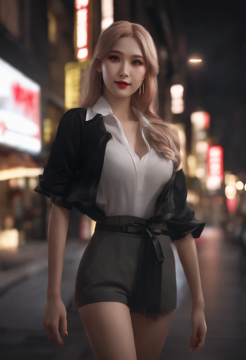 1girl, long pink hair, red horns, white collared shirt, black necktie, light smile, yellow eyes, corneo_power,, buildings,shops,town streets, dark sky, scenery,neon signs,night city, japanese lyrics,, , absurdres, detailed eyes, extremely detailed, volumetric lighting, realistic, realistic lighting, 8k, cinematic lighting, depth of field, perfect, hyper-detailed, photorealistic, ultra realistic, realistic light, hard lighting, intricate details, stop motion, tonemapping, sharp focus, hyper detailed,