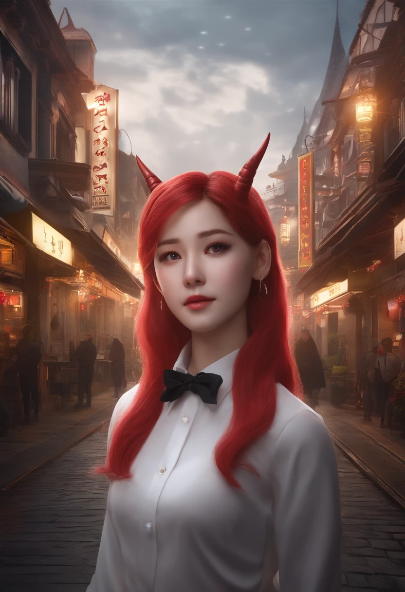 1girl, long pink hair, red horns, white collared shirt, black necktie, light smile, yellow eyes, corneo_power,, buildings,shops,town streets, dark sky, scenery,neon signs,night city, japanese lyrics,, , absurdres, detailed eyes, extremely detailed, volumetric lighting, realistic, realistic lighting, 8k, cinematic lighting, depth of field, perfect, hyper-detailed, photorealistic, ultra realistic, realistic light, hard lighting, intricate details, stop motion, tonemapping, sharp focus, hyper detailed,