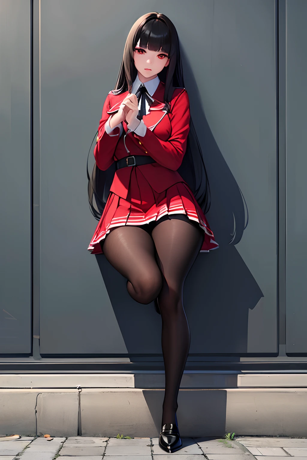 (masterpiece, best quality, ultra-detailed, 8k, wallpaper, photorealistic), (wide shot, full body), ((leaning on the wall)), beautiful girl, voluptuous body, perfect hands, hmjy1, long hair, blunt bangs, red eyes, school uniform, red jacket, black pantyhose, white shirt, black ribbon, pleated skirt, long sleeves