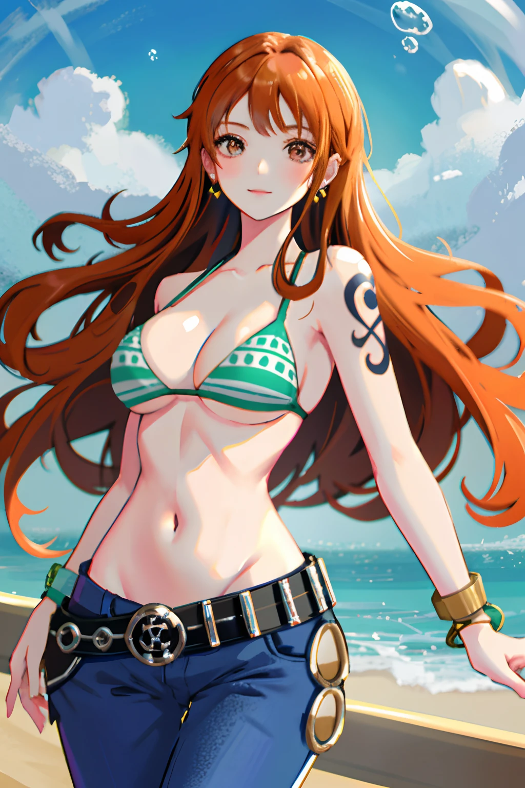 detailed background, masterpiece, best quality, 1girl, solo, nami \(one piece\), 1girl, bangle, bangs, bare shoulders, belt, bikini, bikini top only, blue sky, bracelet, breasts, brown eyes, bubble, cleavage, cloud, cowboy shot, day, denim, earrings, floating hair, green belt, green bikini, groin, jeans, jewelry, large breasts, log pose, long hair, looking at viewer, navel, orange hair, pants, shoulder tattoo, sidelocks, sky, smile, solo, standing, stomach, swimsuit, tattoo , looking at viewer