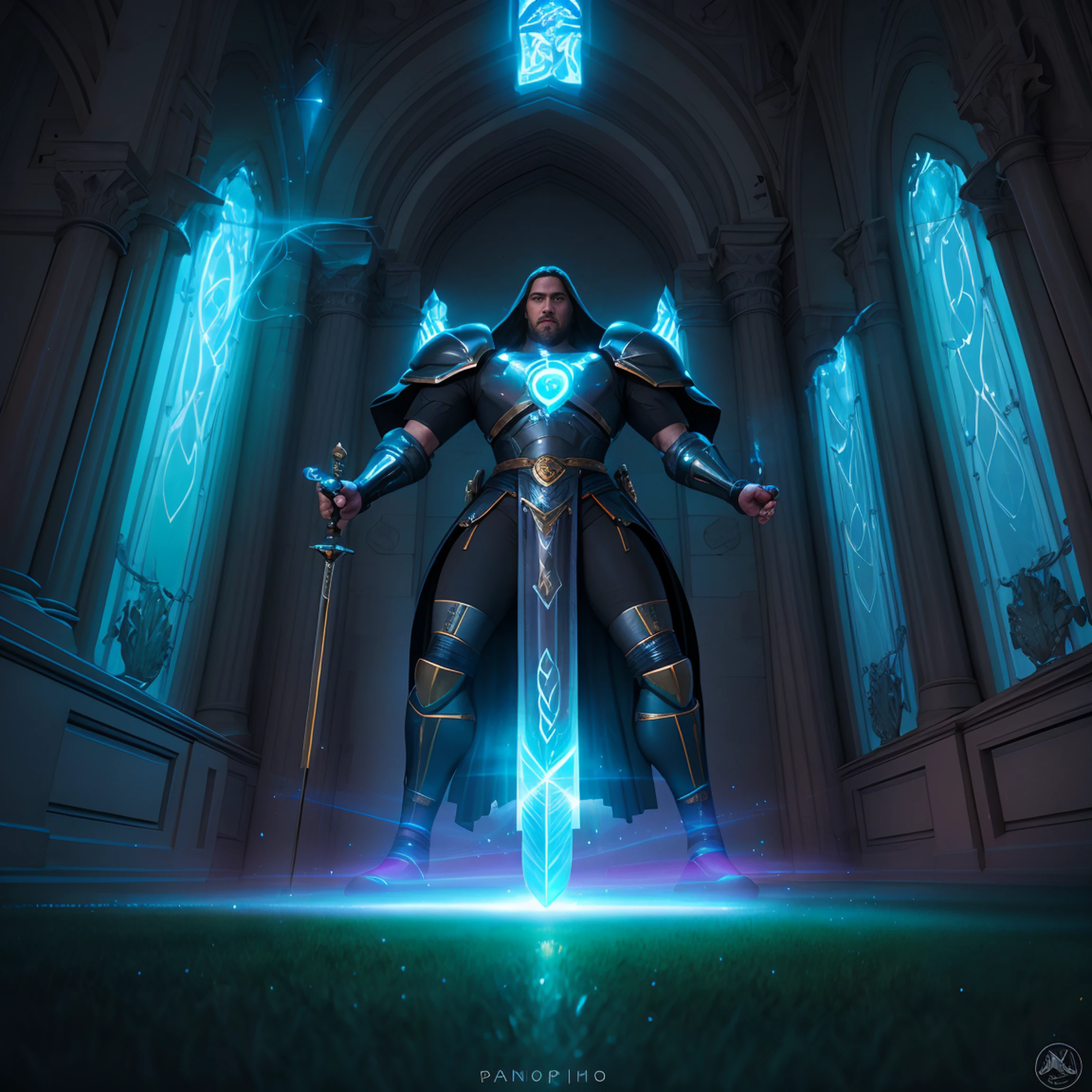 "An imposing paladin wielding a sword imbued with radiant light, emanando magia de luz potente. A cena se passa em uma paisagem urbana sombria e misteriosa, Iluminado pelo brilho da espada do paladino. The composition is expertly crafted, with breathtaking attention to detail and cinematic lighting. The overall aesthetic is reminiscent of Fujifilm photography, capturando a beleza e a profundidade da cena."