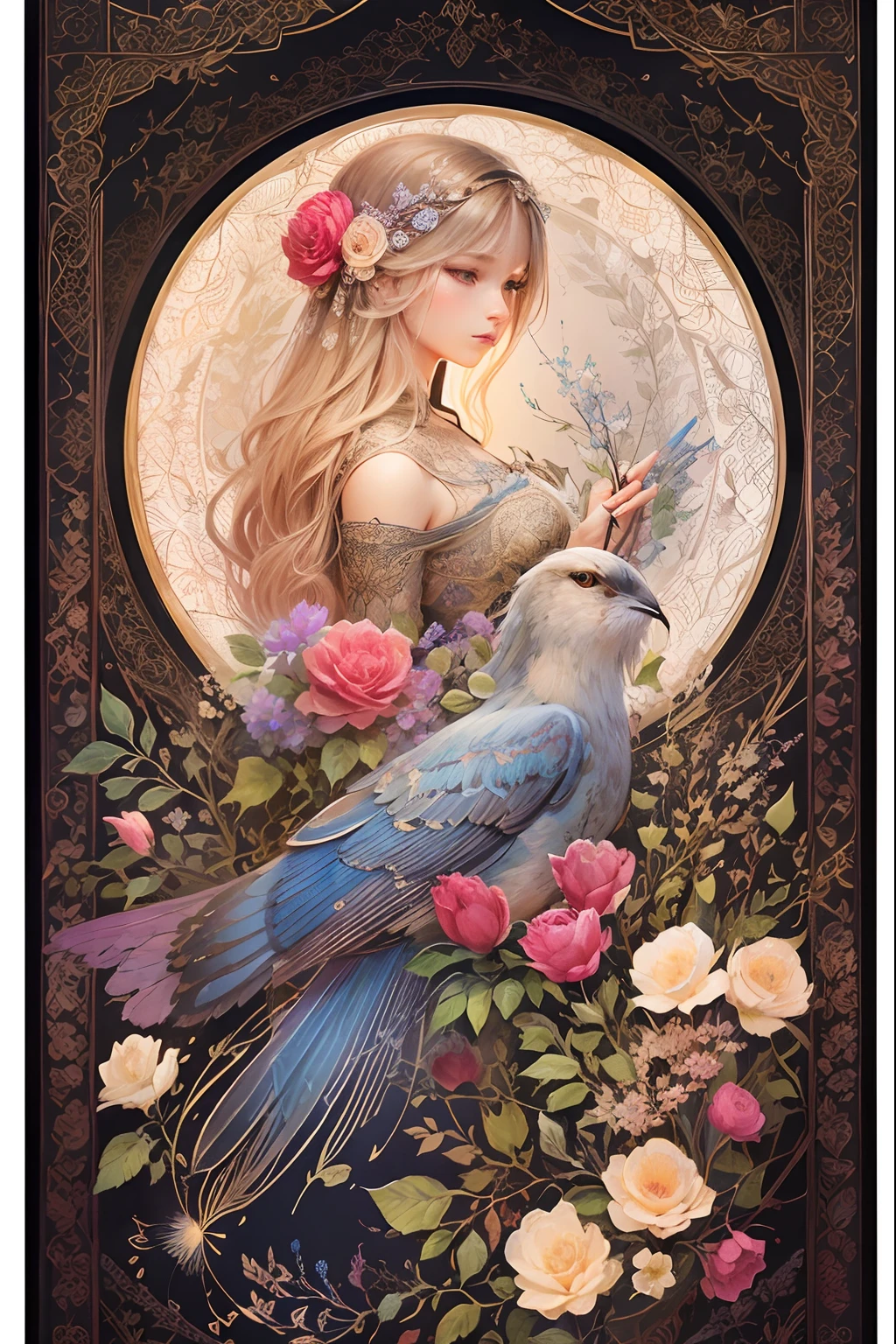nightingale, needle point, silk tapestry, embroidery, fabric, whimsical, flower background, whimsical vector line art illustration, watercolor, intricate brush strokes, beautiful lighting, intricate details, Unreal Engine, creative, expressive, detailed, colorful, digital art, HW*