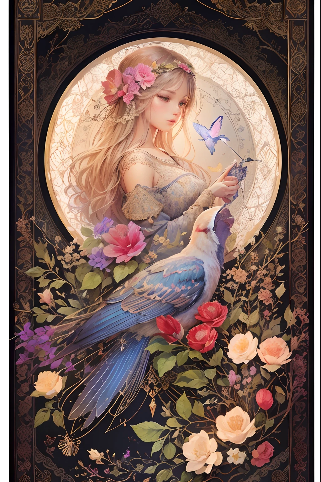 nightingale, needle point, silk tapestry, embroidery, fabric, whimsical, flower background, whimsical vector line art illustration, watercolor, intricate brush strokes, beautiful lighting, intricate details, Unreal Engine, creative, expressive, detailed, colorful, digital art, HW*