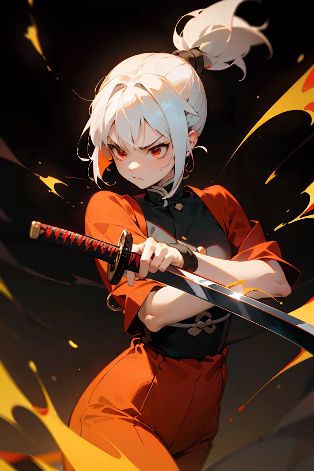 Anime young woman, short hair, hair tied back, colored white hair, red eyes, medium chest, small thighs, big body, furious face, Demon Slayer art style, anime art style, ((demon slayer haori de red color)), red color haori, red pants, ((holding a katana)), black color katana, katana holding pose, camera above, fire coming out of the katana, Fire background, black background, dark environment, feeling of heat, intense heat, yellow and red fire, Sinister color palette, sharp colors, vivid colors, Masterpiece 4k, best quality, best lighting, realistic shadows
